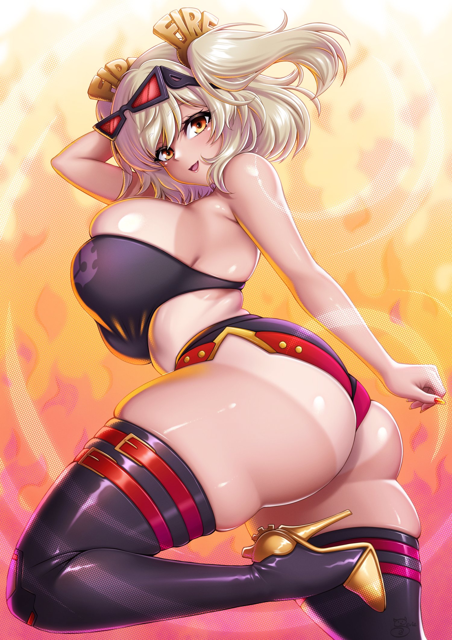 1girl, arm behind head, artist name, ass, bare shoulders, black shorts, black thighhighs, black tube top, blonde hair, blush, boots, breasts, burnice white, crop top, english commentary, eyewear on head, from side, fuck me boots, hair ornament, high heel boots, high heels, highres, huge ass, huge breasts, latex, latex thighhighs, leg up, looking at viewer, midriff, one-piece tan, open mouth, sevie, shiny skin, short twintails, shorts, sideboob, signature, skindentation, smile, solo, standing, standing on one leg, strapless, sunglasses, tan, tanlines, thick thighs, thigh boots, thigh strap, thighhighs, thighs, tube top, twintails, wide hips, yellow eyes, zenless zone zero