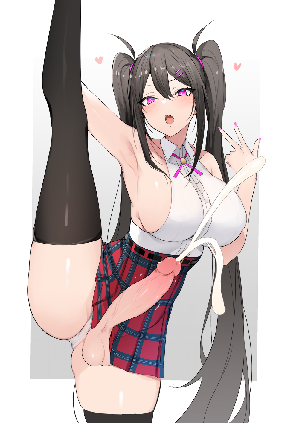 1futa balls big_balls big_breasts black_hair blush breasts clothed clothing cum cumming ejaculation erection_under_skirt flexible futa_only futanari hands-free holding_leg human miniskirt no_hands pale_skin partially_clothed penis penis_under_skirt pink_eyes red_potato_rinrin sharp_teeth sideboob skindentation solo solo_futa splits spontaneous_ejaculation standing_on_one_leg stockings thighhighs twintails vertical_splits yuuki_nanase_(red_potato_rinrin)