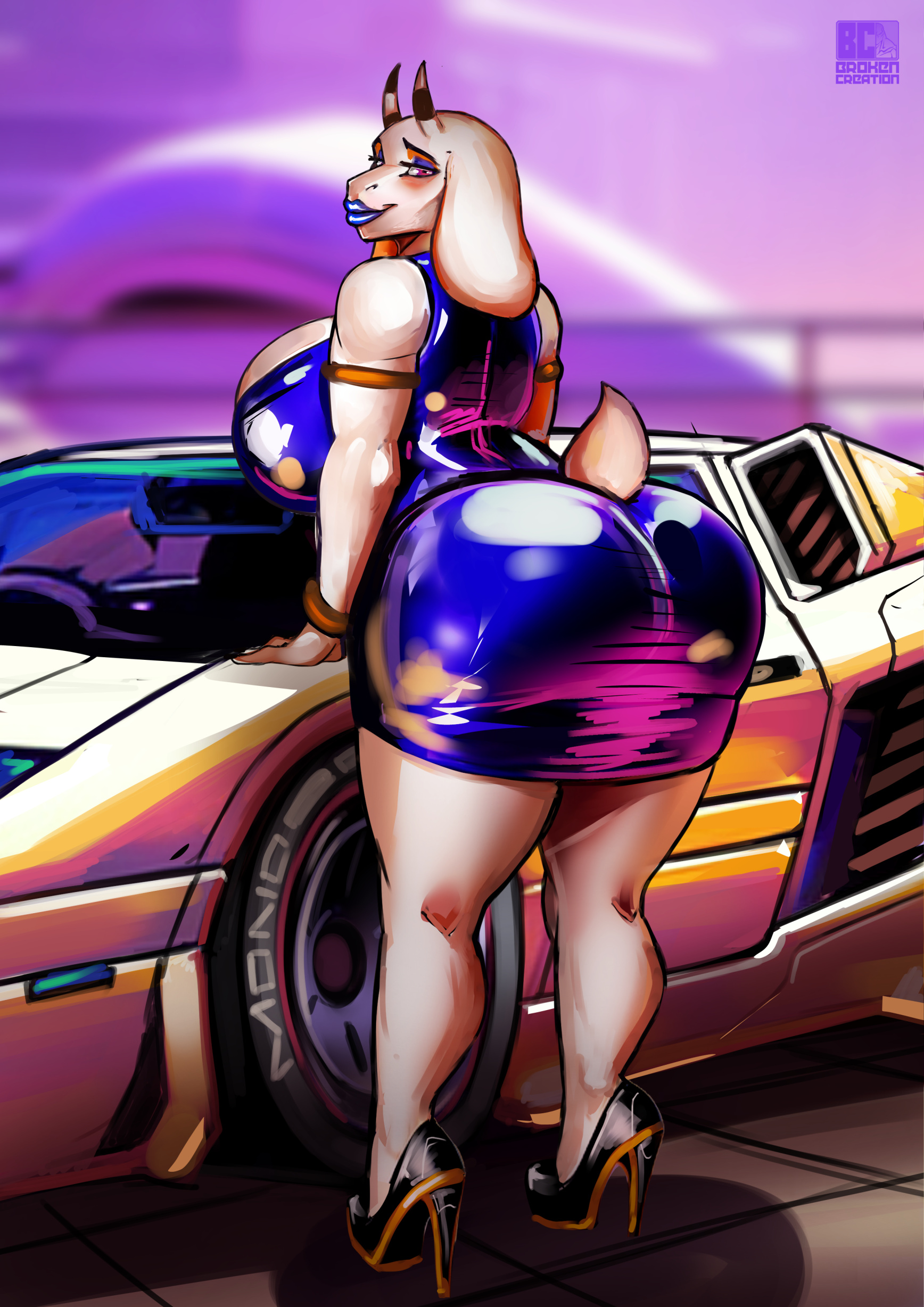 1girls, 2023, animal ears, animal tail, anthro, arm strap, armwear, ass, ass in dress, big ass, big breasts, big lips, bimbo, bimbo lips, blue dress, blue eyeshadow, blue lips, blue lipstick, breasts, deviantart link, djpuppeh, dress, eyeshadow, female, female only, footwear, heels, high heels, horns, huge ass, huge breasts, legs, lips, lipstick, mature, mature female, mature woman, milf, mother, parted lips, red eyes, short dress, side view, sideboob, solo, solo female, tail, thick lips, thighs, tight dress, toriel, undertale, vehicle, white skin
