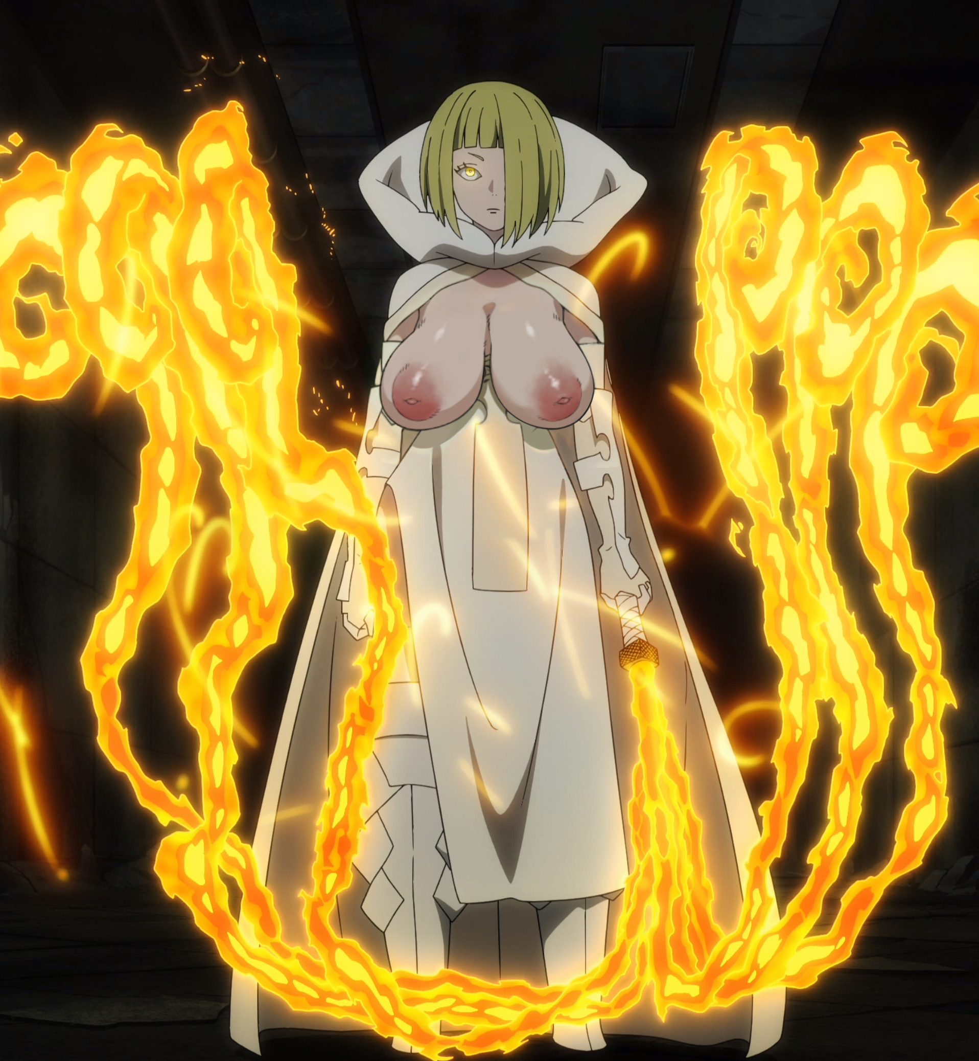 1girls, 2d, big nipples, blonde hair, breasts, david productions, en'en no shouboutai, enen no shouboutai, exposed breasts, female, fire, fire force, full body, huge breasts, inverted nipples, orochi (enen no shouboutai), orochi (fire force), screenshot edit, solo, udders
