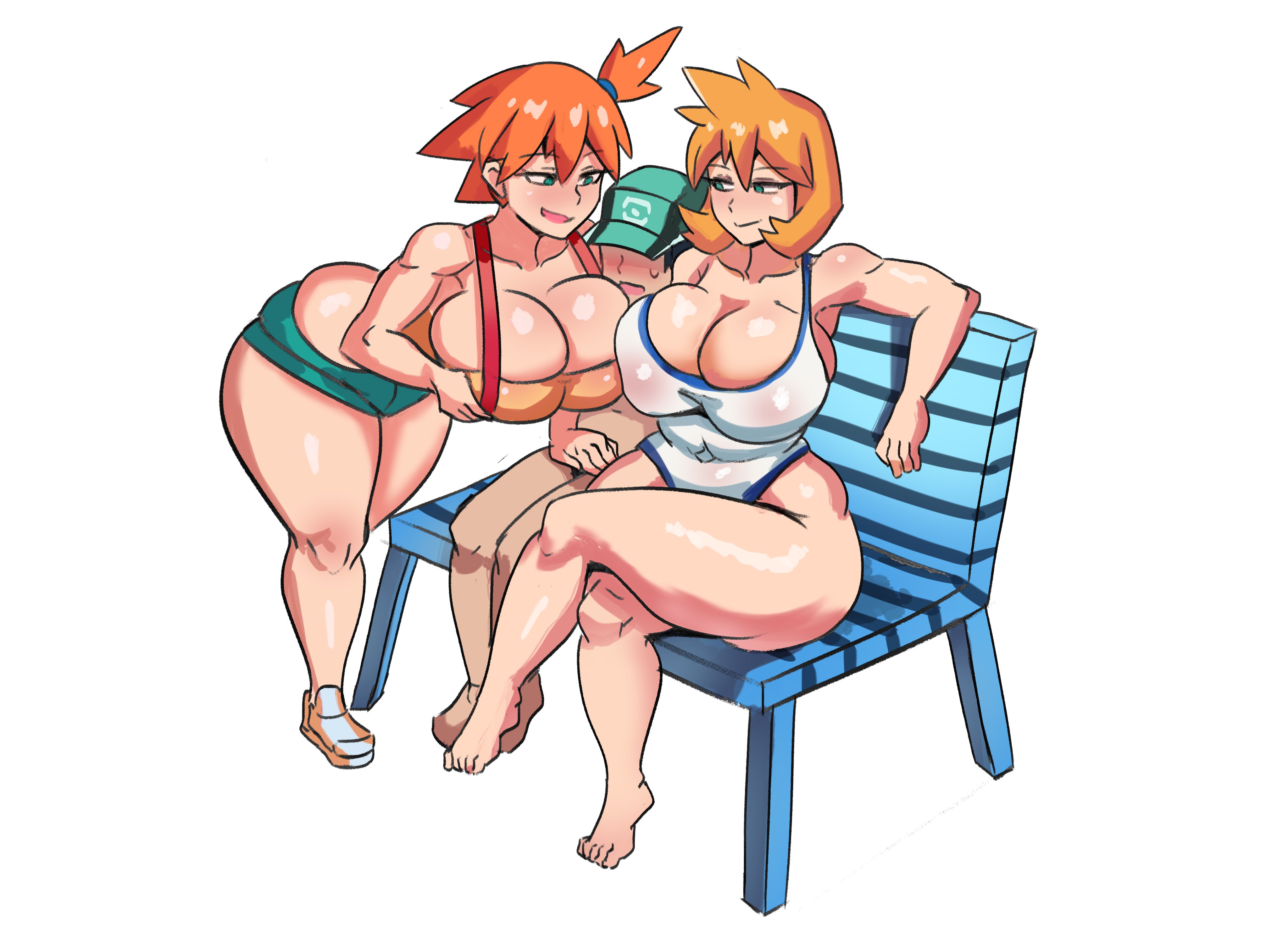 1boy, 2girls, alternate breast size, big breasts, blush, breasts, faceless male, female, gym leader, hat, huge breasts, huge thighs, implied ass cleavage, kasumi (pokemon), male, minishorts, misty (pokemon hgss), misty (pokemon), multiple females, multiple girls, nintendo, orange hair, pokemon, pokemon hgss, pokemon rgby, short hair, shorts, swimsuit, voluptuous, wide hips, ytrall