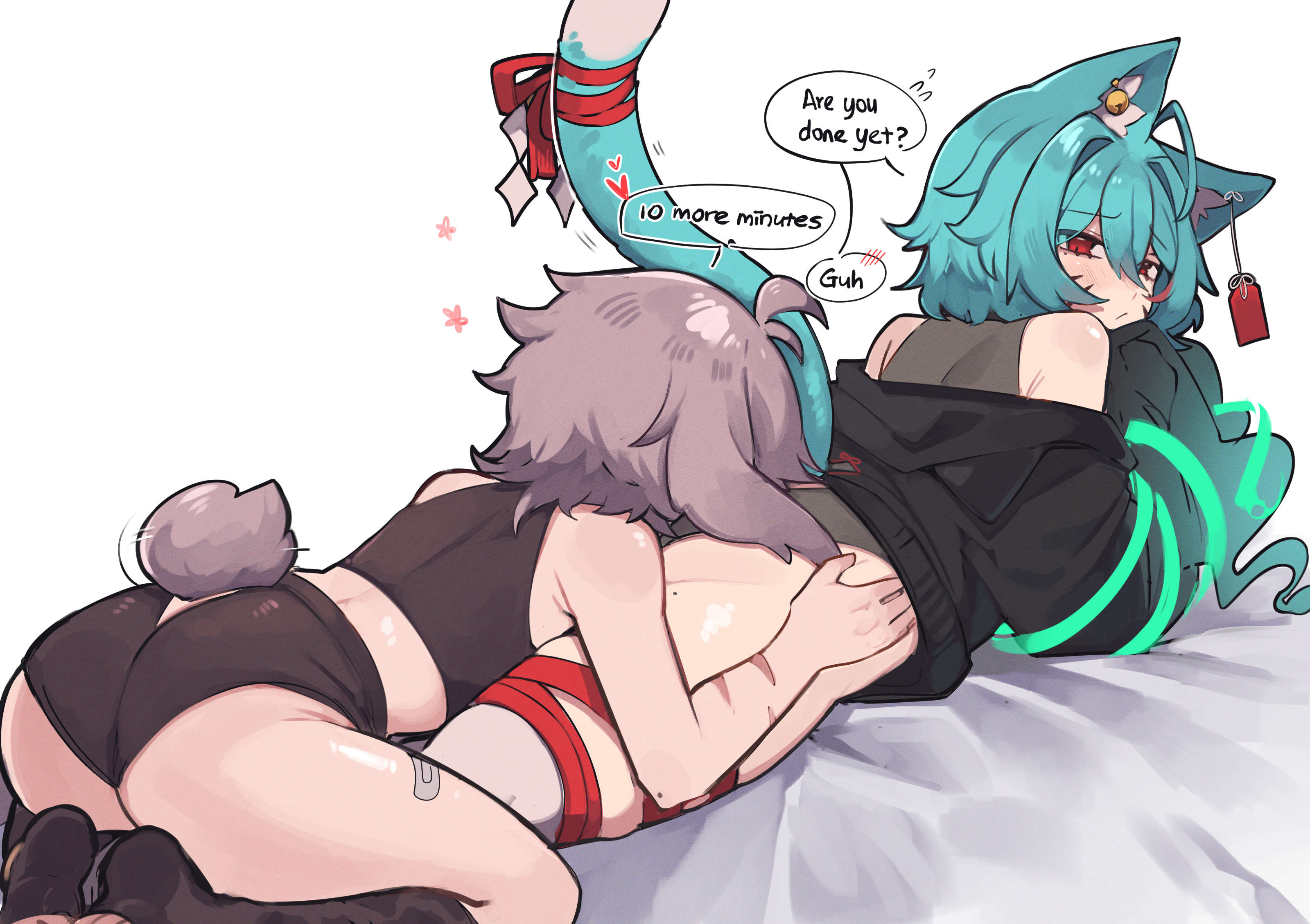 1girl1boy, blue hair, bunny girl, cat boy, comfythighs, conversation, embarrassed, embarrassed femboy, face in ass, femboy, hoodie, kemonomimi, pink hair, rayrie, red eyes, tagme, thigh highs