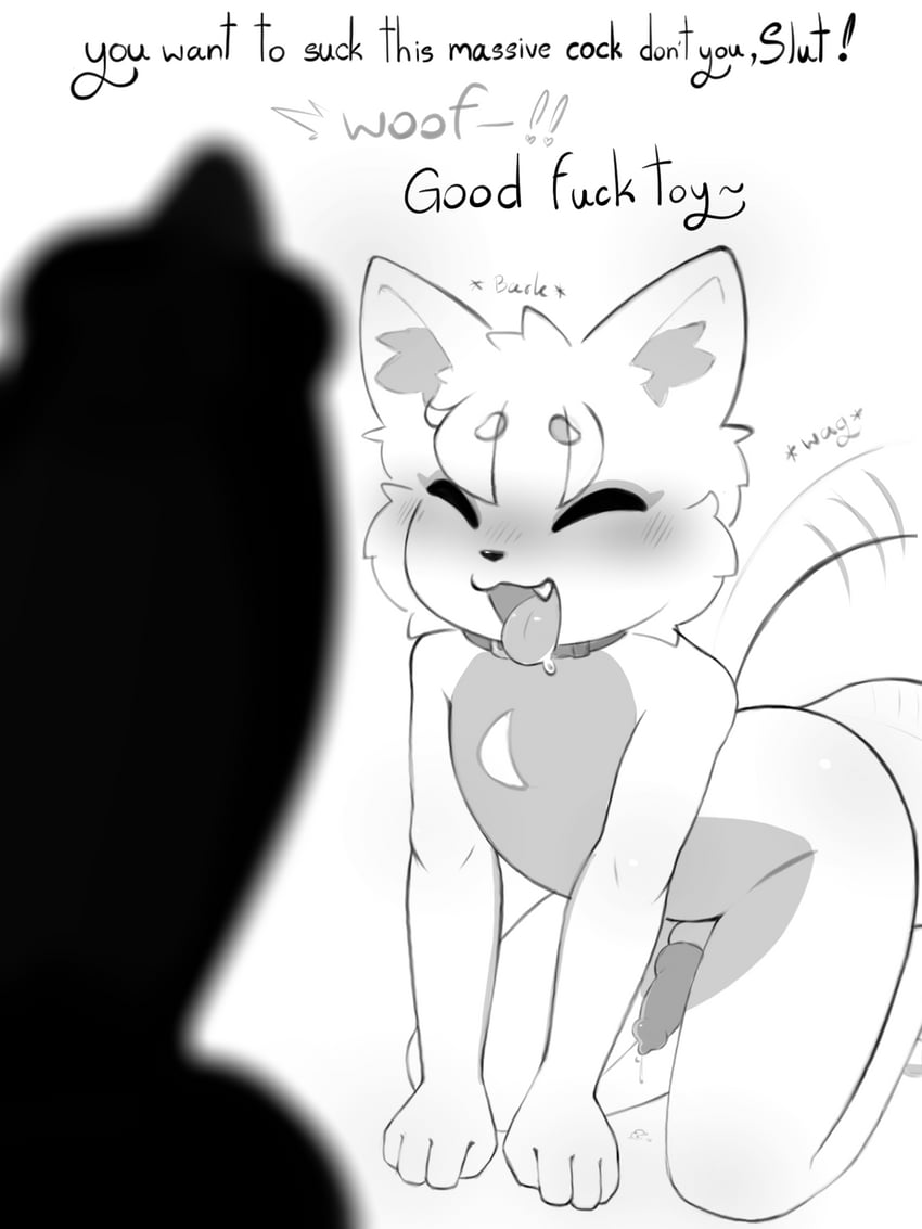 ambiguous species, collar, cub, cub on adult, cub porn, cumming, dialogue, drooling, drooling tongue, erection, furry, furry only, grayscale, huge penis, no color, on knees, tail, tailwag, text, tongue, tongue out, young, younger male