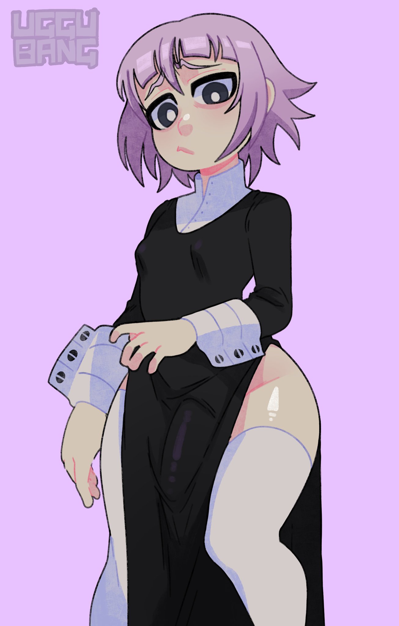 1boy big_penis black_eyes bottomless_skirt breasts bulge cameltail clothed clothing crona_(soul_eater) dress erection_under_clothes erection_under_skirt femboy fully_clothed girly half-erect human knees_together_feet_apart large_penis looking_at_viewer male male_only pale_skin penis penis_bulge penis_under_clothes purple_background purple_hair short_hair skirt skirt_lift small_breasts solo solo_focus solo_male soul_eater tagme tenting thick_thighs thigh_highs thighhighs uggu_bang watermark wide_hips