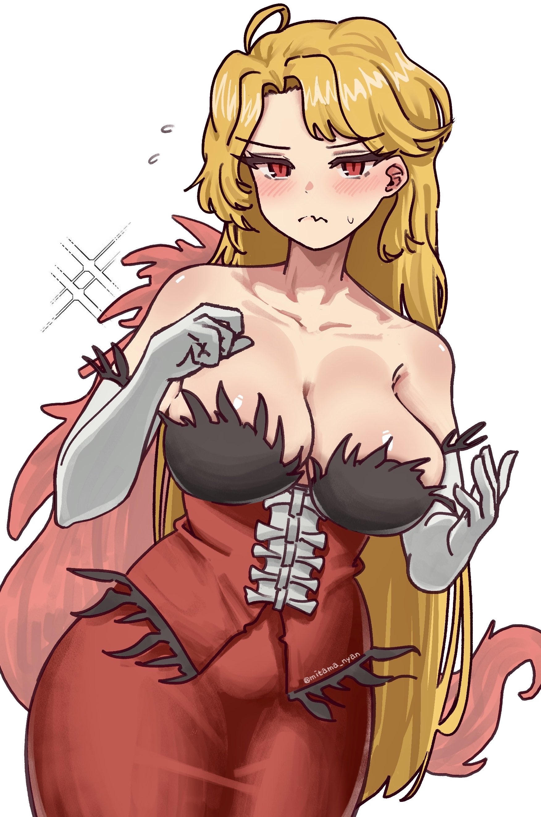 1girl, ahoge, big breasts, blonde hair, blush, breasts, cosplay, don quixote (limbus company), dress, frown, gloves, highres, kiss-shot acerola-orion heart-under-blade, la manchaland (identity) (project moon), limbus company, long hair, mitama nyan, monogatari (series), project moon, red dress, red eyes, sancho (limbus company), solo, tagme, wavy mouth, white gloves