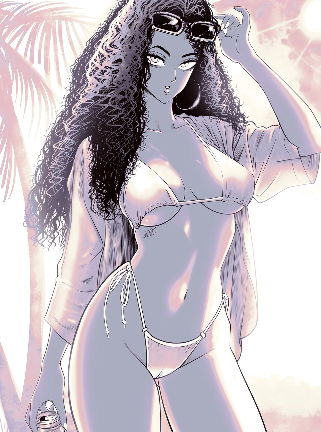1girls, afrolatina, bikini, black and white, curly hair, curvy, curvy female, dark skin, dark-skinned female, female, female only, grand theft auto, grand theft auto vi, gta vi cover girl, holding drink, long hair, manga, mostlybluewyatt, solo, sunglasses, sunglasses on head, swimsuit, tagme