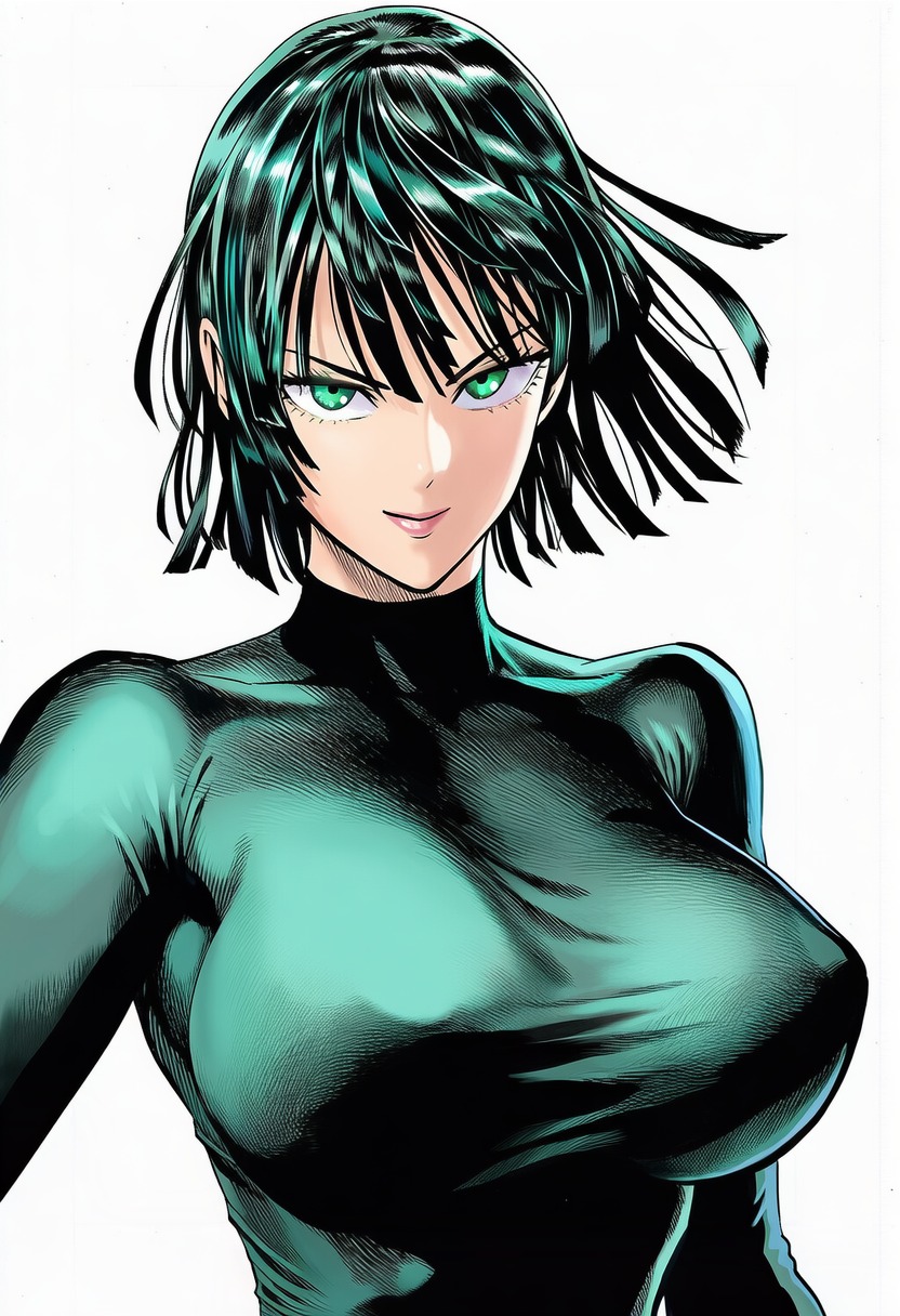1girls, 2d, accurate art style, accurate body type, ai generated, big breasts, black dress, black hair, blunt bangs, bob cut, breast focus, breasts, busty, busty female, cel shading, closed mouth, clothed, clothing, confident, covered breasts, covered collarbone, covered nipples, curvaceous, curvy, curvy figure, dress, erect nipples, erect nipples under clothes, eyebrows, eyelashes, facing viewer, female, female focus, female only, front view, fubuki (one-punch man), green dress, green eyes, green hair, high collar, high resolution, highres, impossible clothes, impossible dress, large breasts, light skin, light-skinned female, line art, long sleeves, looking at viewer, manga style, murata yuusuke (style), narrow waist, nipple bulge, official style, one-punch man, pink lips, pinup, shiny hair, shiny skin, short hair, simple background, skin tight, smile, solo, solo female, solo focus, standing, taut clothes, taut dress, tight clothing, tight dress, turtleneck, turtleneck dress, upper body, v-shaped eyebrows, waifu, white background