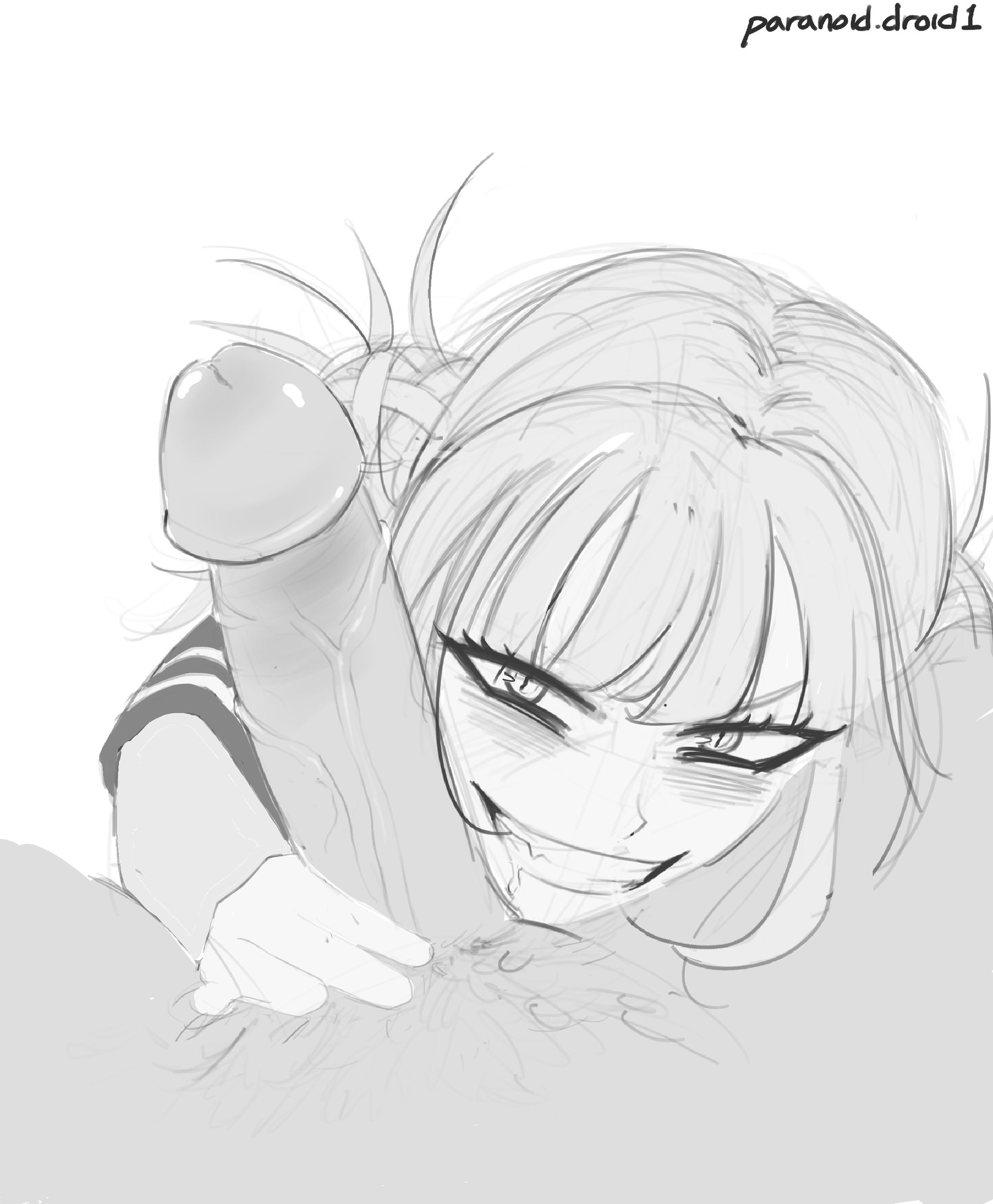 1girls, big penis, blush, clothed female nude male, cock worship, dont stick your dick in crazy, drooling, eye contact, fangs, female, himiko toga, huge cock, looking at viewer, male, male pov, monochrome, my hero academia, paranoiddroid, penis, pov, pubes, pubic hair, smile, yandere