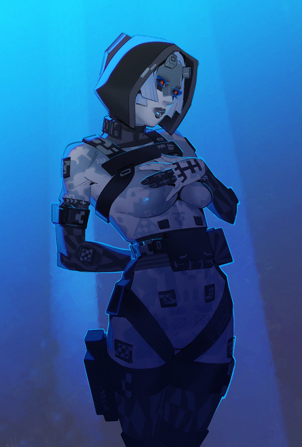 assassin (marathon), bungie, genderbend, genderswap (mtf), grabbing own breast, grozanu, illustration, marathon (bungie), rule 63