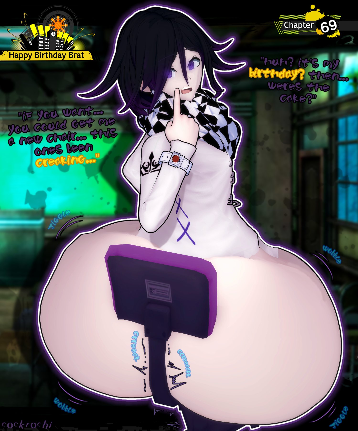 ass, big ass, big booty, big butt, booty, brat, bratty, butt, butt crack, chair, chair breaking, cockrochi, danganronpa, danganronpa v3, fat ass, fat booty, fat butt, femboy, gigantic ass, gigantic butt, huge ass, huge booty, huge butt, kokichi ouma, large ass, large booty, large butt, massive ass, massive booty, massive butt, ouma kokichi, purple hair, text
