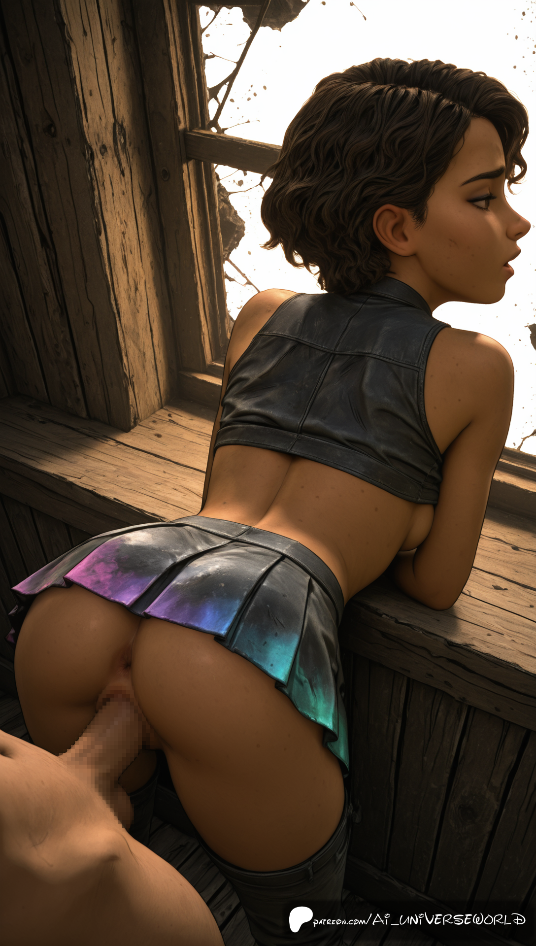 1boy, 1boy1girl, 1girls, 2d, ai generated, aiuniverse56, anus, ass, bare thighs, bending forward, bending over, bent over, breasts, brown eyes, brown hair, censored, censored pussy, clementine (the walking dead), clothing, crop top, dark skin, dark-skinned female, doggy style, female, female focus, from behind, from behind position, interracial, light skin, light-skinned male, male, male/female, medium breasts, medium hair, mosaic censoring, penetration, penis, petite, pleated skirt, pussy, scantily clad, sex, short skirt, skinny, skirt, stable diffusion, the walking dead, the walking dead game, thighs, underboob, upskirt, vagina, vaginal, vaginal penetration, vaginal sex