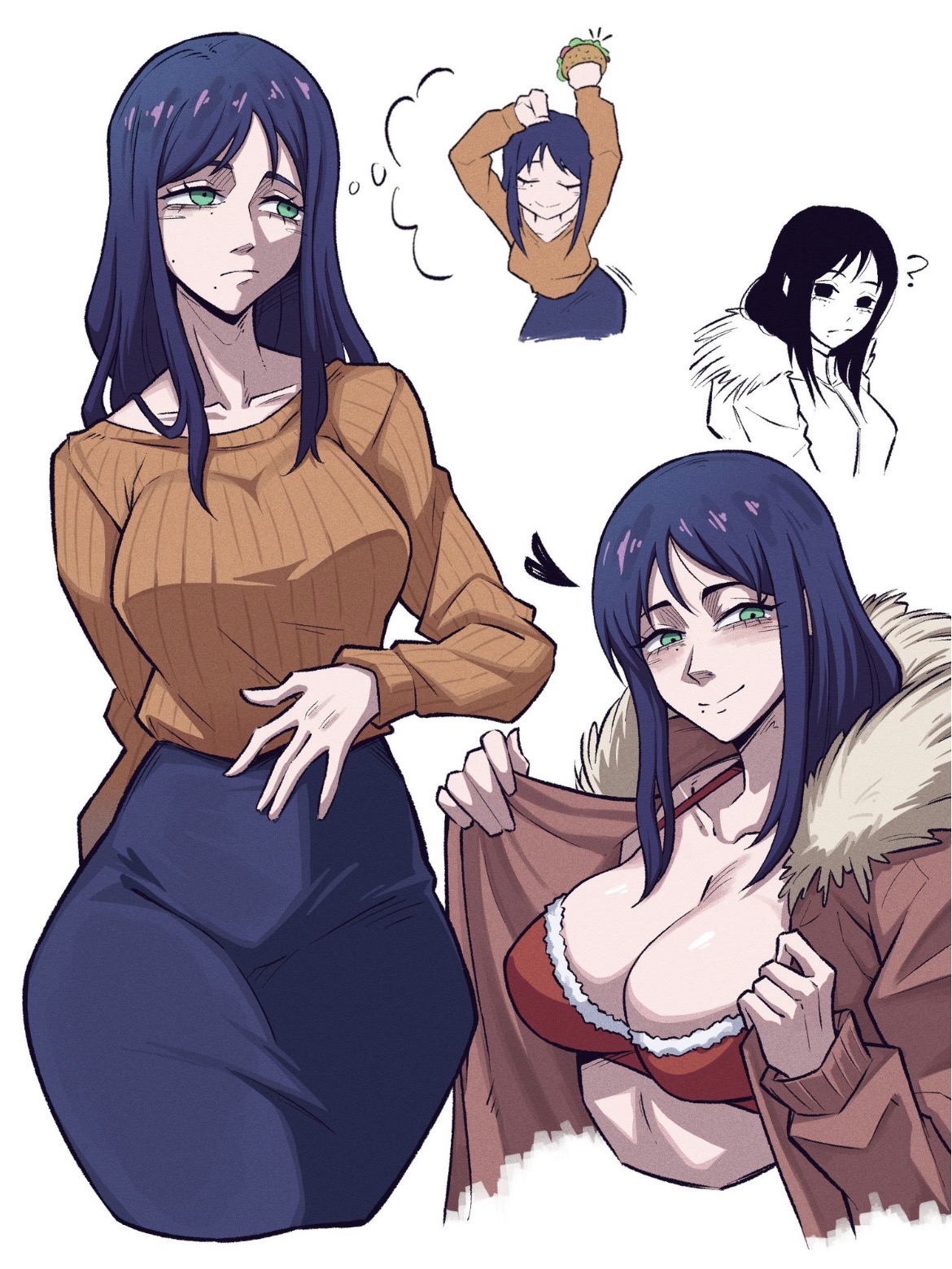 ?, big breasts, bra, busty, busty female, chainsaw man, coat, csr ap07, curvy, curvy female, dancing, different poses, hand on stomach, leather jacket, long hair, pose, purple hair, santa claus (chainsaw man), shirt, taking off jacket, thick thighs, wide hips