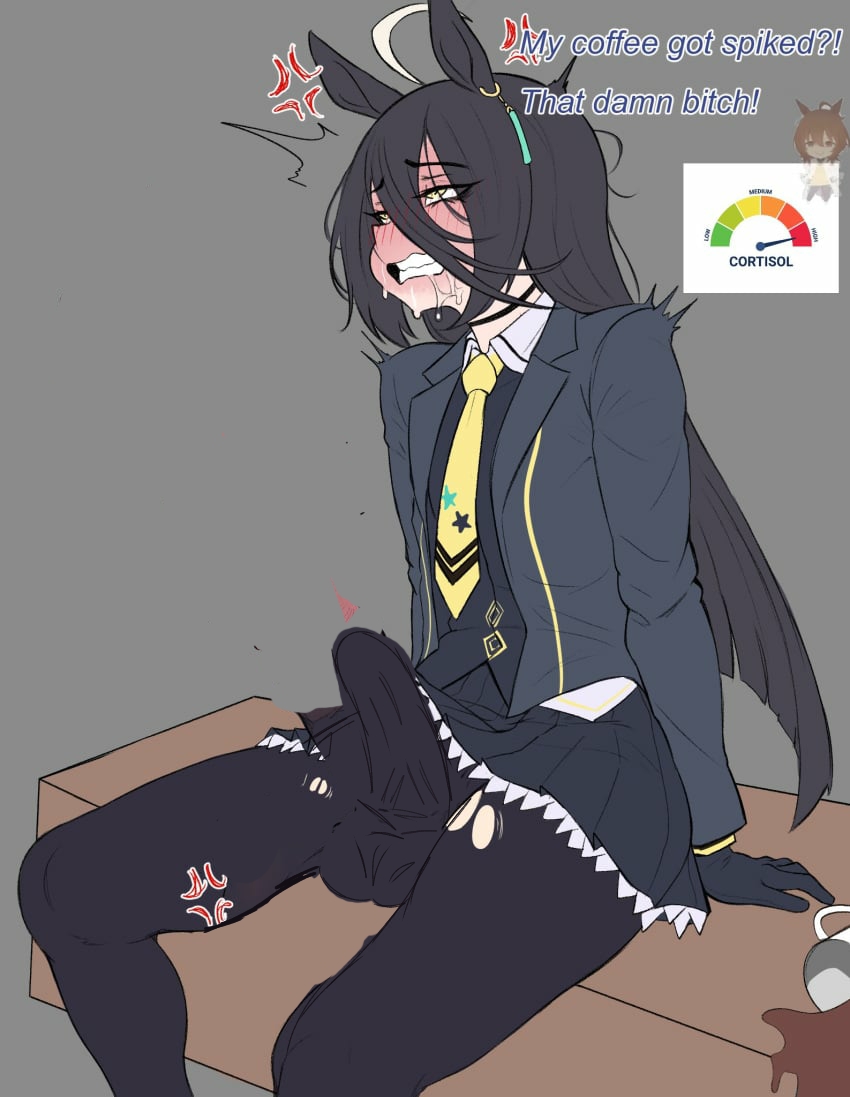 1futa, angry, aroused, blush, bulge through clothing, clothed, cortisol (meme), drooling, edited, futanari, khaio, manhattan cafe (umamusume), penis, text, umamusume