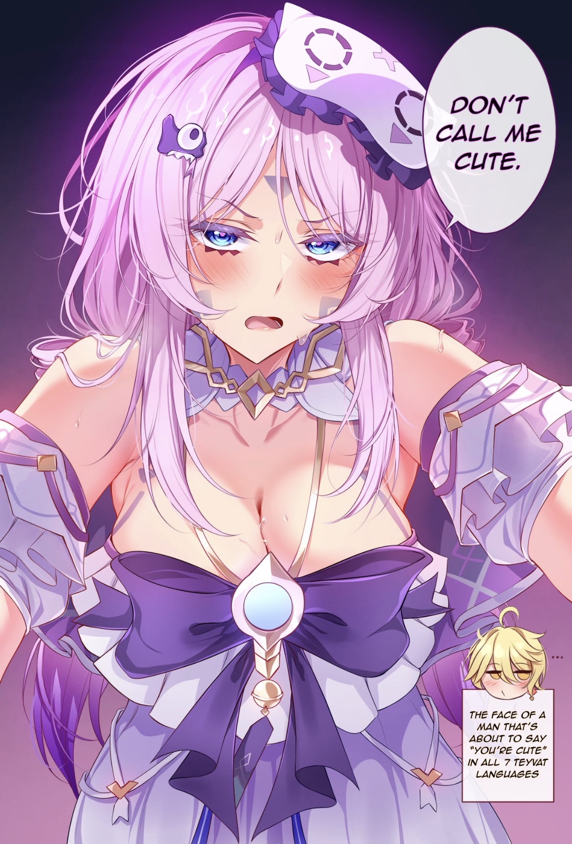 aether (genshin impact), big breasts, blonde hair, busty, busty female, citlali (genshin impact), cleavage, cleavage overflow, dress, genshin impact, long hair, male/female, midori 13579, pink hair, talking to another, tsundere