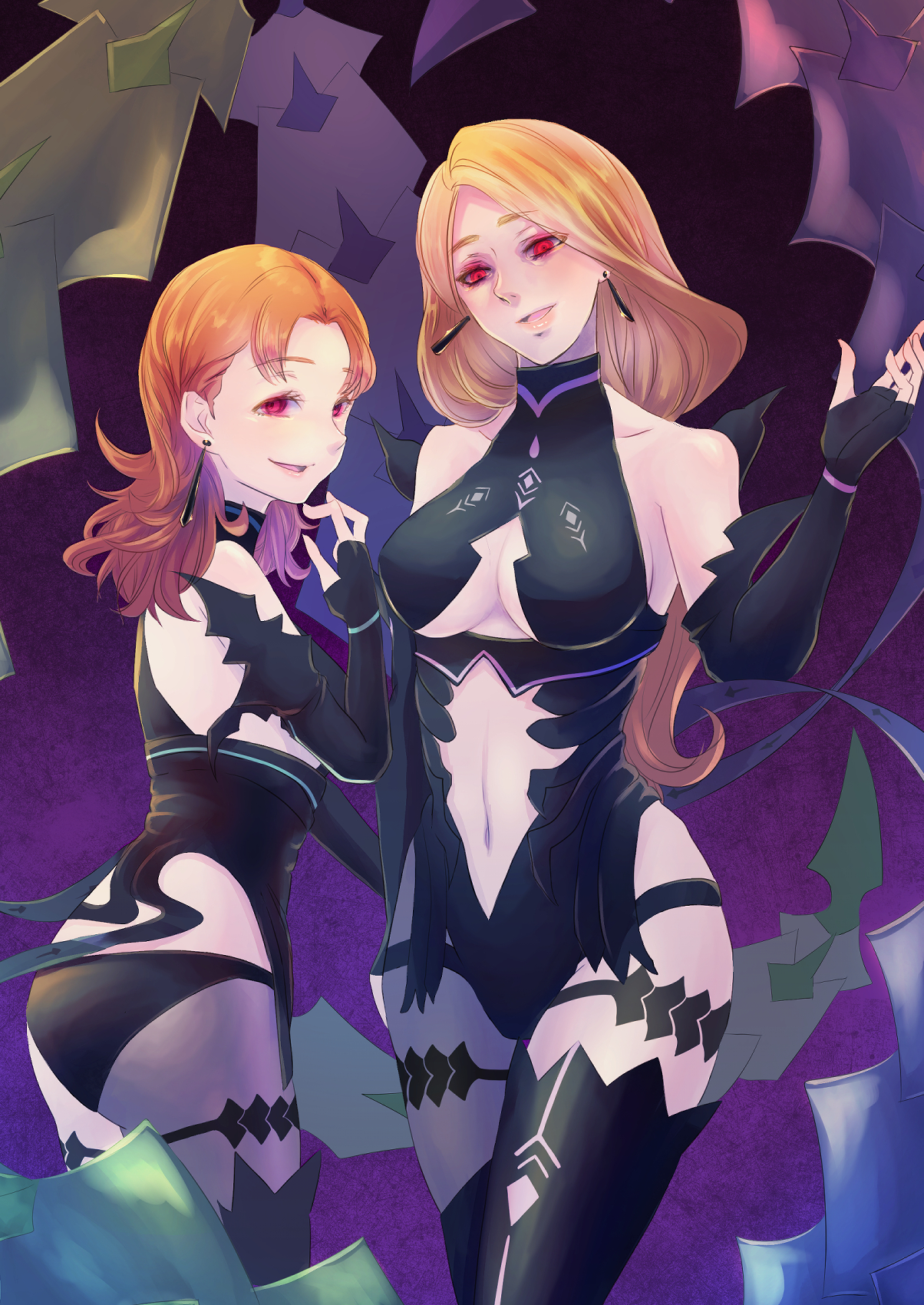 2girls, annette fantine dominic, black gloves, blonde hair, breasts, center opening, corruption, cosplay, earrings, evil grin, evil smile, female, female only, fingerless gloves, fire emblem, fire emblem: three houses, from side, gloves, green eyes, highres, jewelry, kronya (fire emblem), kronya (fire emblem) (cosplay), long hair, looking to the side, mercedes von martritz, multiple females, multiple girls, navel, nintendo, open mouth, orange hair, red eyes, riou (pooh920), smile, underboob