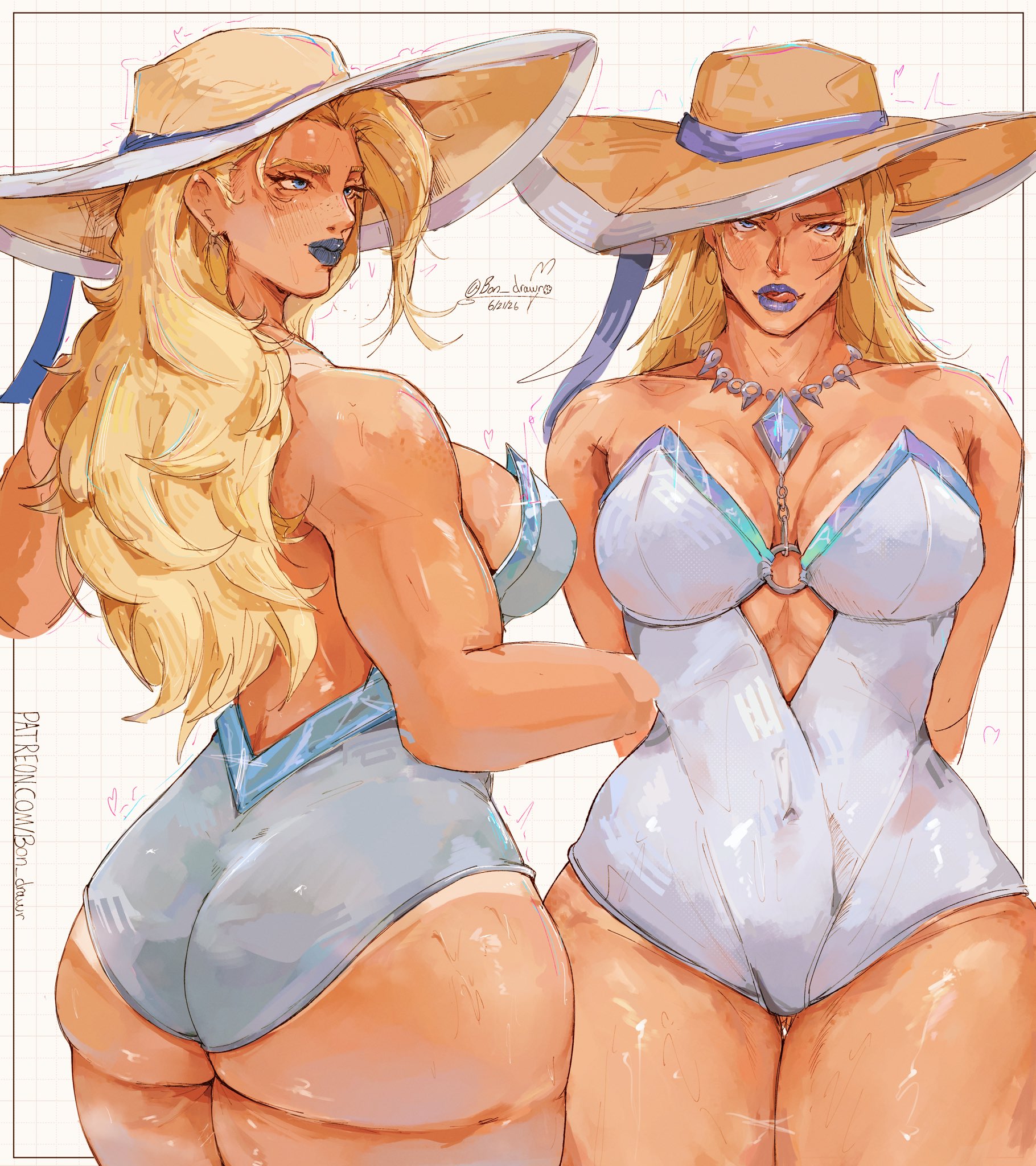 1girls, 2d, ass, blonde hair, bon drawr, breasts, breasts out, emma frost, emma frost (marvel rivals), emma frost (white wave queen), female, female only, hat, light skin, light-skinned female, marvel, marvel rivals, solo, solo female, swimsuit, tagme, thighs