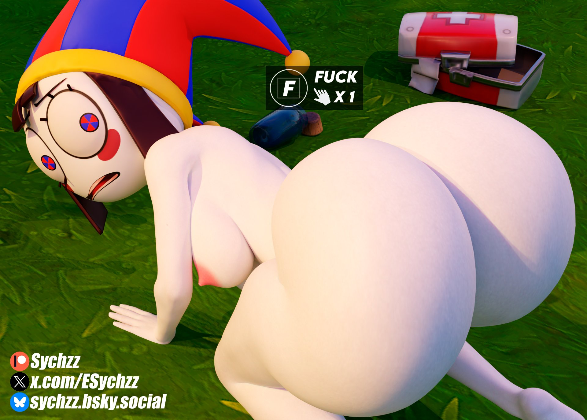 1girls, 3d, 3d (artwork), all fours, ass, barefoot, completely nude, completely nude female, elsychzz, female, female only, fortnite, full body, huge ass, naked, naked female, nude, nude female, pomni (the amazing digital circus), short hair, solo, solo female, the amazing digital circus