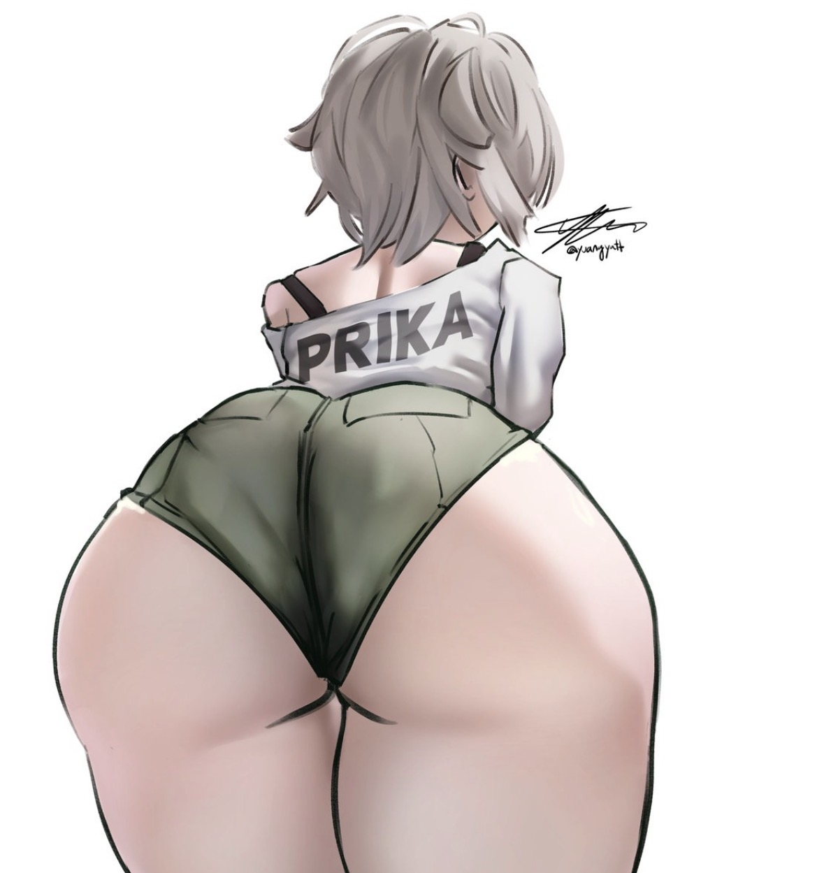 back view, backside, big ass, bra strap, curvy, curvy female, goddess of victory: nikke, grey hair, prika (nikke), short hair, short shorts, showing ass, thick ass, thick thighs, tomboyish
