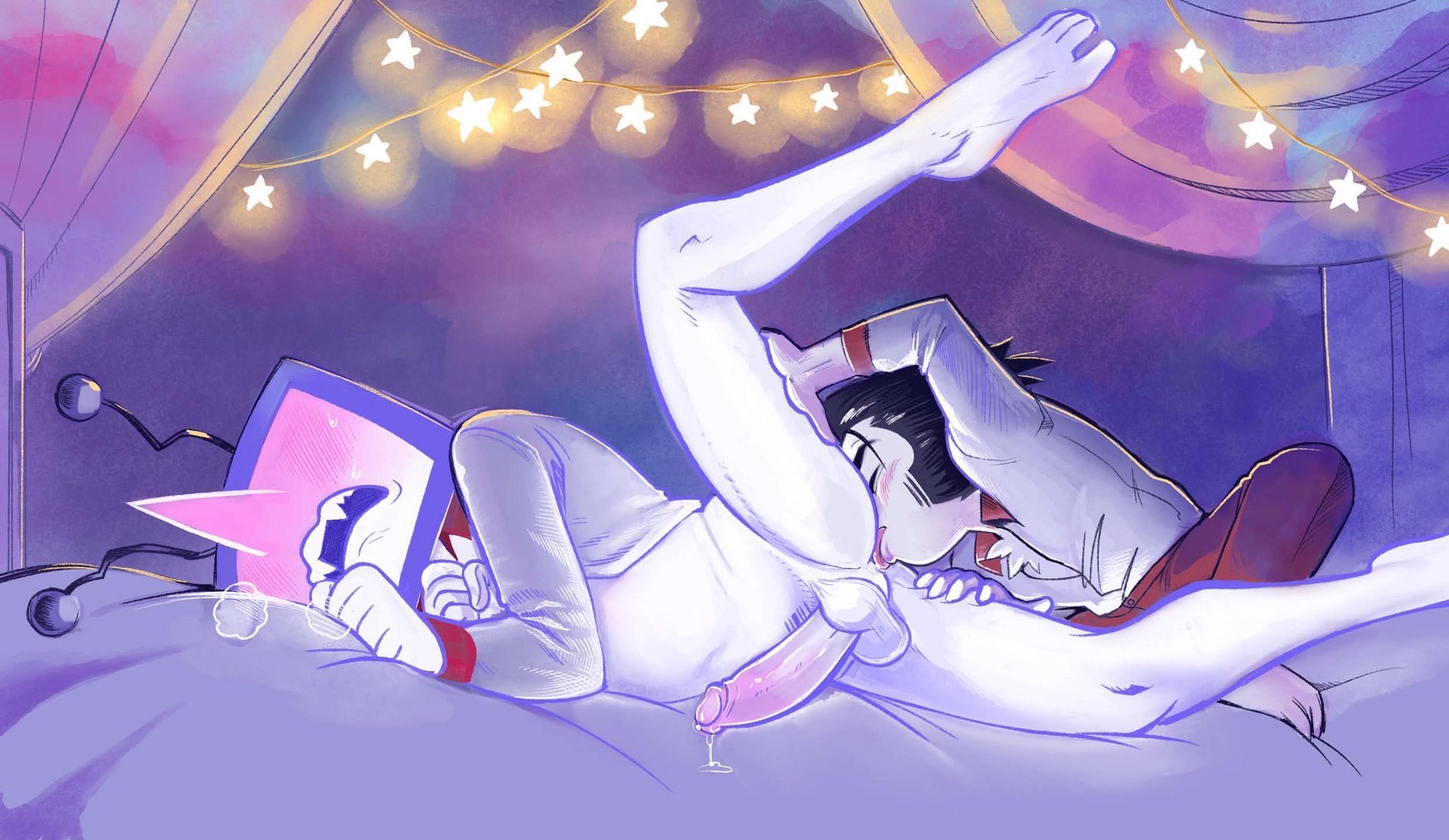 2boys, blush, bottomless, deltarune, deltarune chapter 3, gay, gay sex, male only, male/male, obagams, object head, oral, oral sex, passionate, rimjob, rimming, rimming male, size difference, spamtenna, spamton g spamton, tenna (deltarune), tv head, yaoi