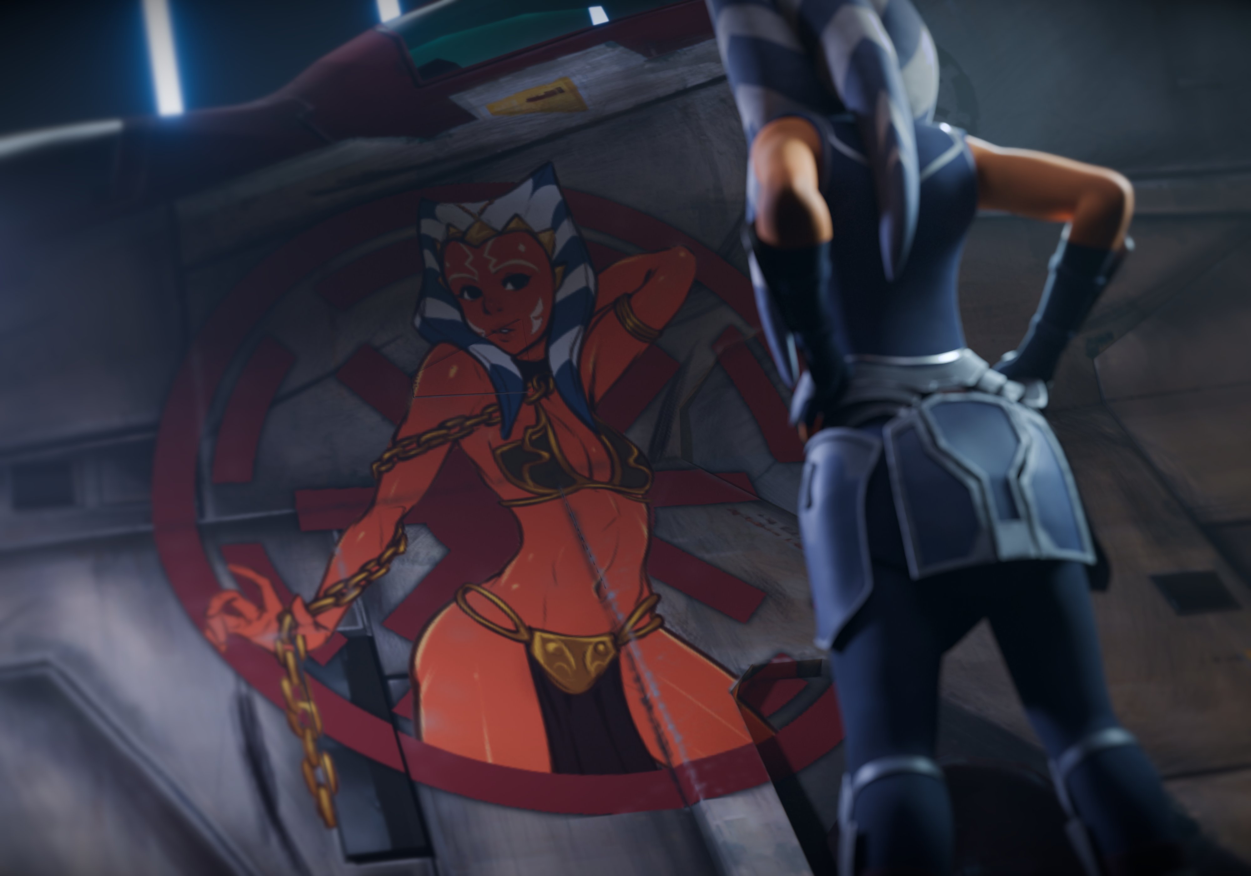 1girls, 3d, 3d (artwork), ahsoka tano, airress3d (3d-modeller), alien, alien girl, alien humanoid, armwear, bikini, blender, bra, chain, chain leash, chain necklace, cleavage, clone wars, clothed, clothing, female, female focus, female only, graffiti, graffiti on wall, hi res, high quality, high resolution, highres, izra, leash, lekku, lekku (anatomy), loincloth, lucasfilm, lydas3d, orange body, orange-skinned female, panties, pinup, pose, posing, sexy, sexy pose, slave leia (cosplay), slave outfit, star wars, the clone wars: season seven, thick thighs, togruta