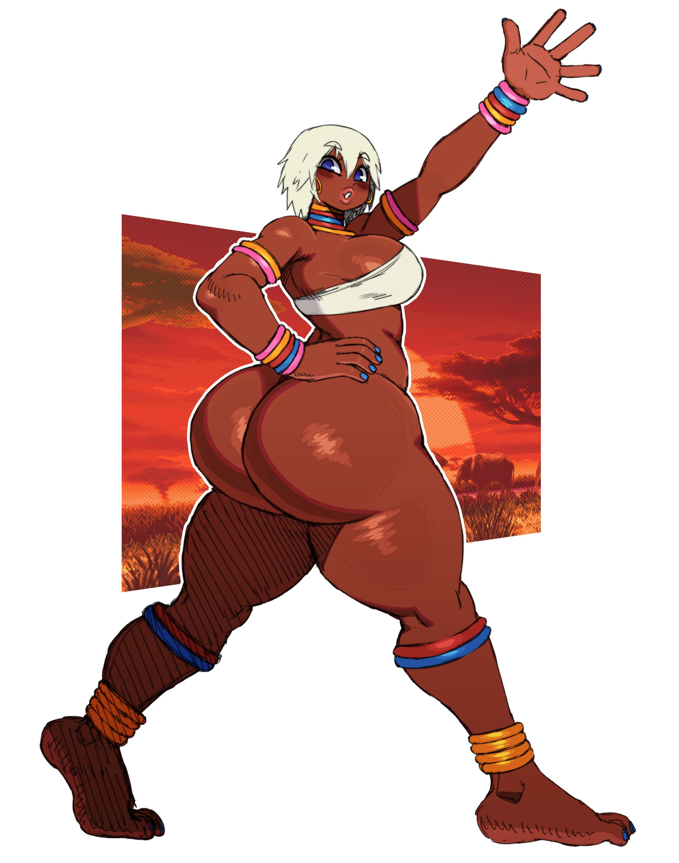 1girls, arm up, armwear, ass, big ass, blue eyes, blue nail polish, blue nails, bottomless, breasts, bubble ass, bubble butt, capcom, chocolate girl, dark skin, dark-skinned female, ear piercing, earrings, ebony, ebony female, elena (street fighter), feet, female, female only, full body, hair, hoop earrings, nail polish, nails, neckwear, parted lips, short hair, sssonic2, street fighter, street fighter iii, tagme, thighs, toenail polish, topwear, tribal clothing, white hair