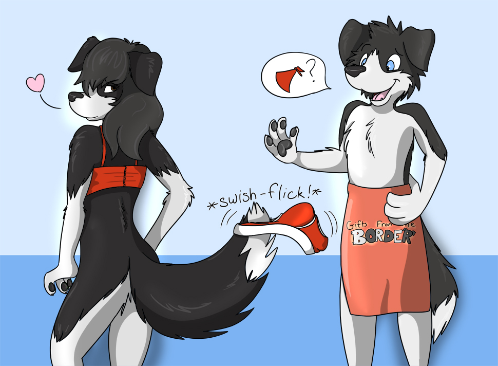 after_transformation anthro bikini border_collie bottomless canid canine canis clothed clothing collie domestic_dog duo female fox0808 heart herding_dog looking_back male mammal pastoral_dog sheepdog swimwear topless