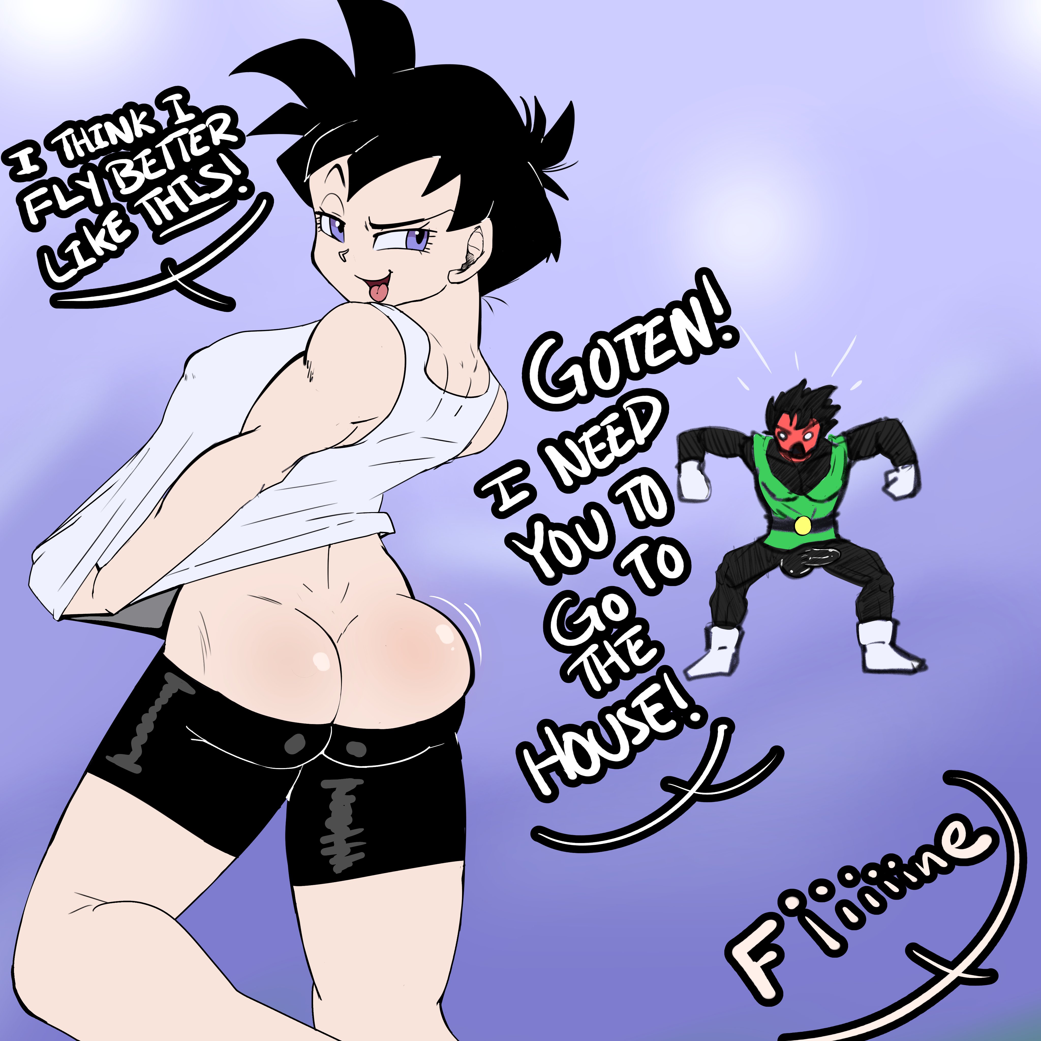 ass, ass crack, athletic, athletic female, back, big brother, blush, boy, breasts, brother, busty, butt crack, dragon ball, embarrassed, english text, erection under clothes, female, female focus, flushed, flustered, horny, hourglass figure, imminent sex, little brother, male, pinup, pinup pose, pose, posing, pseudocel, seductive, sexually suggestive, smile, smug, son gohan, standing, suggestive, tagme, teasing, text, videl, wide hips