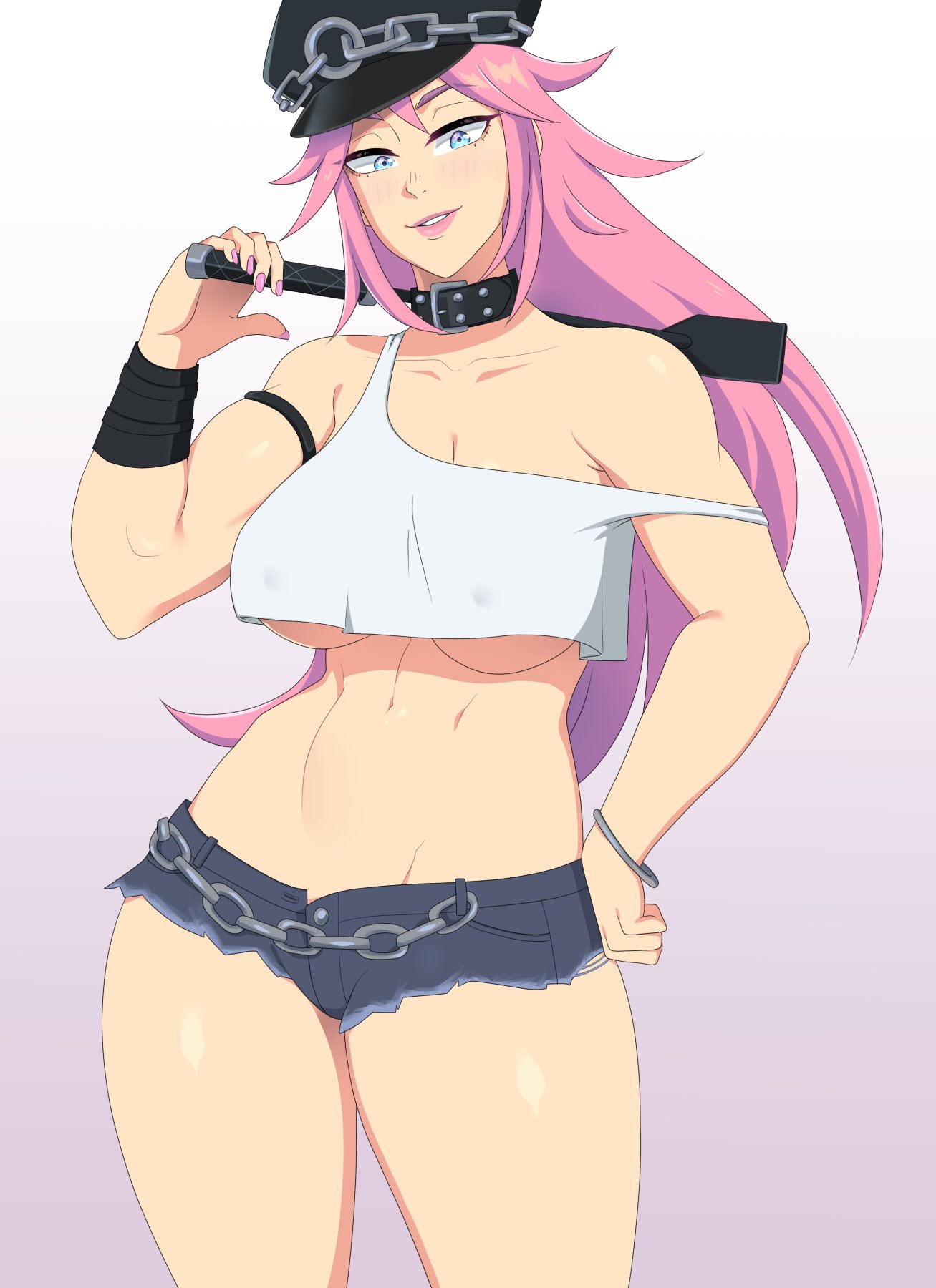 accessory blue_eyes chains collar cutoffs female hikikomoriamy lipstick nail_polish pink_hair poison_(final_fight) riding_crop shorts simple_background smile stomach street_fighter thighs underboob