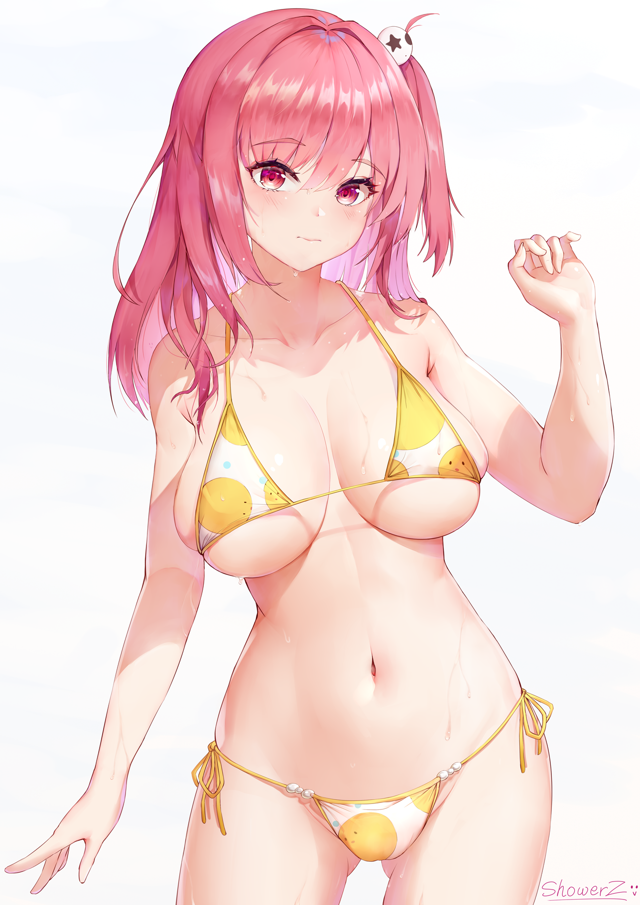 1girls, 2d, artist request, belly, big breasts, bikini, bra, breasts, dead or alive, female, female human, fit, fit female, honoka (doa), honoka (summer angel on the shore) (doa), hourglass figure, human, large breasts, light skin, light-skinned female, navel, panties, pink hair, showerz, slim waist, solo, teenage female, teenager, thighs, two piece swimsuit, wide hips