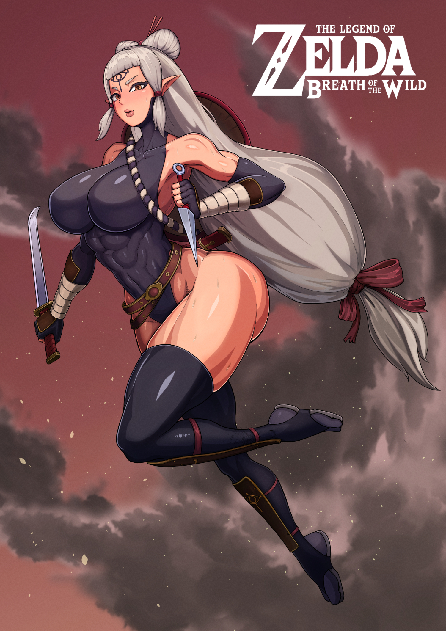 1girls, abs, ass, belt, big ass, big breasts, breasts, breath of the wild, brown eyes, clothed, female, female only, grey hair, hair ribbon, hyrule warriors: age of calamity, impa, impa (age of calamity), kingbang, kunoichi, leotard, midair, muscles, muscular, muscular arms, muscular female, muscular legs, muscular thighs, ninja, nintendo, pinup pose, pointy ears, sheikah, shoes, solo female, the legend of zelda, thick thighs, thighhighs, weapon