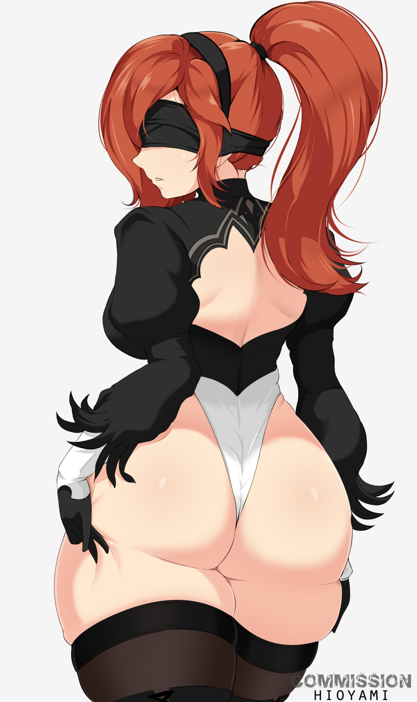 1girls, ass, blindfold, breasts, deep skin, female, from behind, gloves, highres, hioyami, huge ass, large breasts, leotard, long hair, nier (series), nier: automata, open mouth, orange hair, original, shiny, shiny hair, shiny skin, sideboob, thighhighs, thong, thong leotard, wedgie, yorha 2b (cosplay)