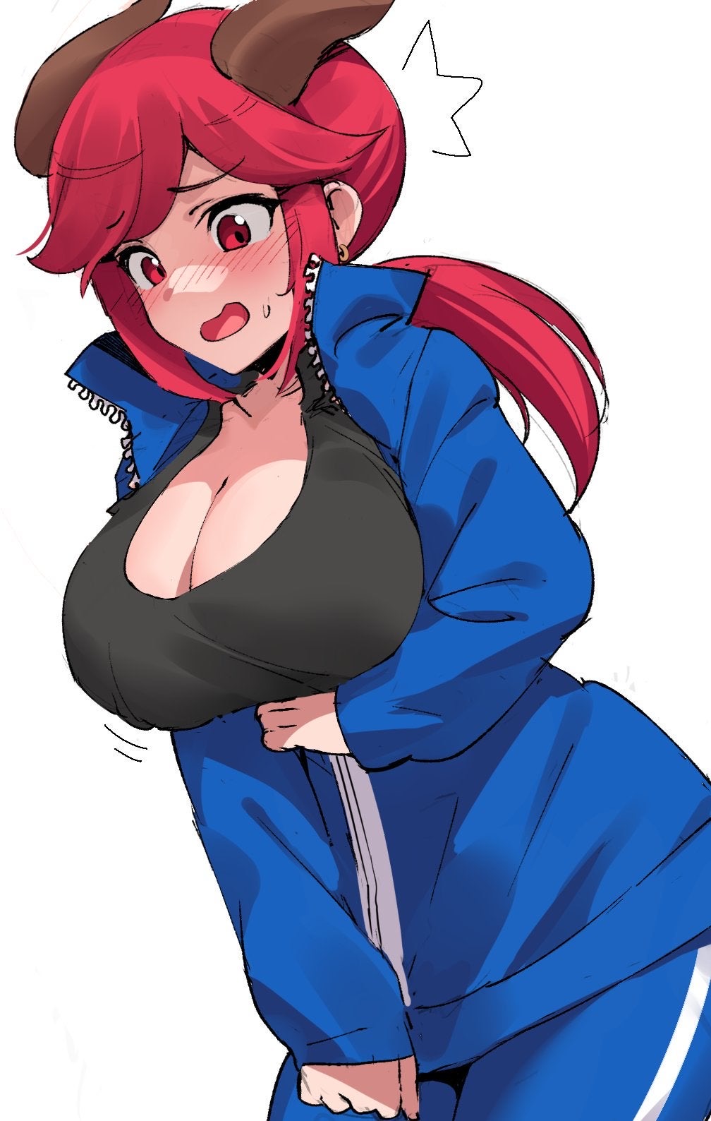 big_breasts blush brown_horns cleavage ear_piercing embarrassed guardian_tales jacket long_hair looking_at_breasts looking_down ndgd ponytail red_eyes red_hair source_request struggling succubus succubus_adventurer_yuze_(guardian_tales) sweatdrop video_games yuze_(guardian_tales)