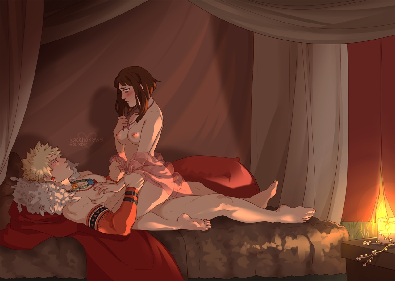 1boy, 1girls, blonde hair, blonde-haired male, blush, breasts, brown hair, brown-haired female, candlelight, cowgirl position, erect penis, eye contact, female, female on top, katsuki bakugou, laying on bed, looking at partner, lying on bed, male, male/female, muscular, muscular male, my hero academia, nude, nude female, nude male, nudity, ochako uraraka, penis, pink nipples, romantic, romantic ambiance, sensual, sitting on person, straight