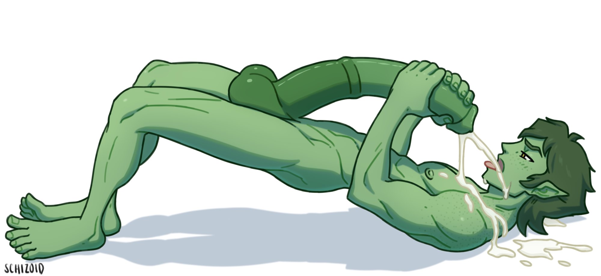 1boy, animal genitalia, animal humanoid, animal penis, ass, balls, beast boy, beast boy (dcamu), bodily fluids, boner, cum, cum in mouth, cum inside, cum on chest, cum on face, cum on ground, cum on self, cum on shoulder, cumming, cumshot, dc, dc comics, dcamu, equine penis, erection, gay, genital fluids, genitals, green body, green hair, green skin, hair, hi res, holding penis, horsecock, huge cock, human with animal genitalia, human with horsecock, humanoid, humanoid genitalia, humanoid penis, inicka-iniers, lying, lying on back, male, male only, mammal, mammal humanoid, masturbation, medial ring, muscular, muscular humanoid, muscular male, nipples, nude, open mouth, penis, pointy ears, schizoid, simple background, solo, teen titans, teeth, tongue, uncensored, white background, yaoi