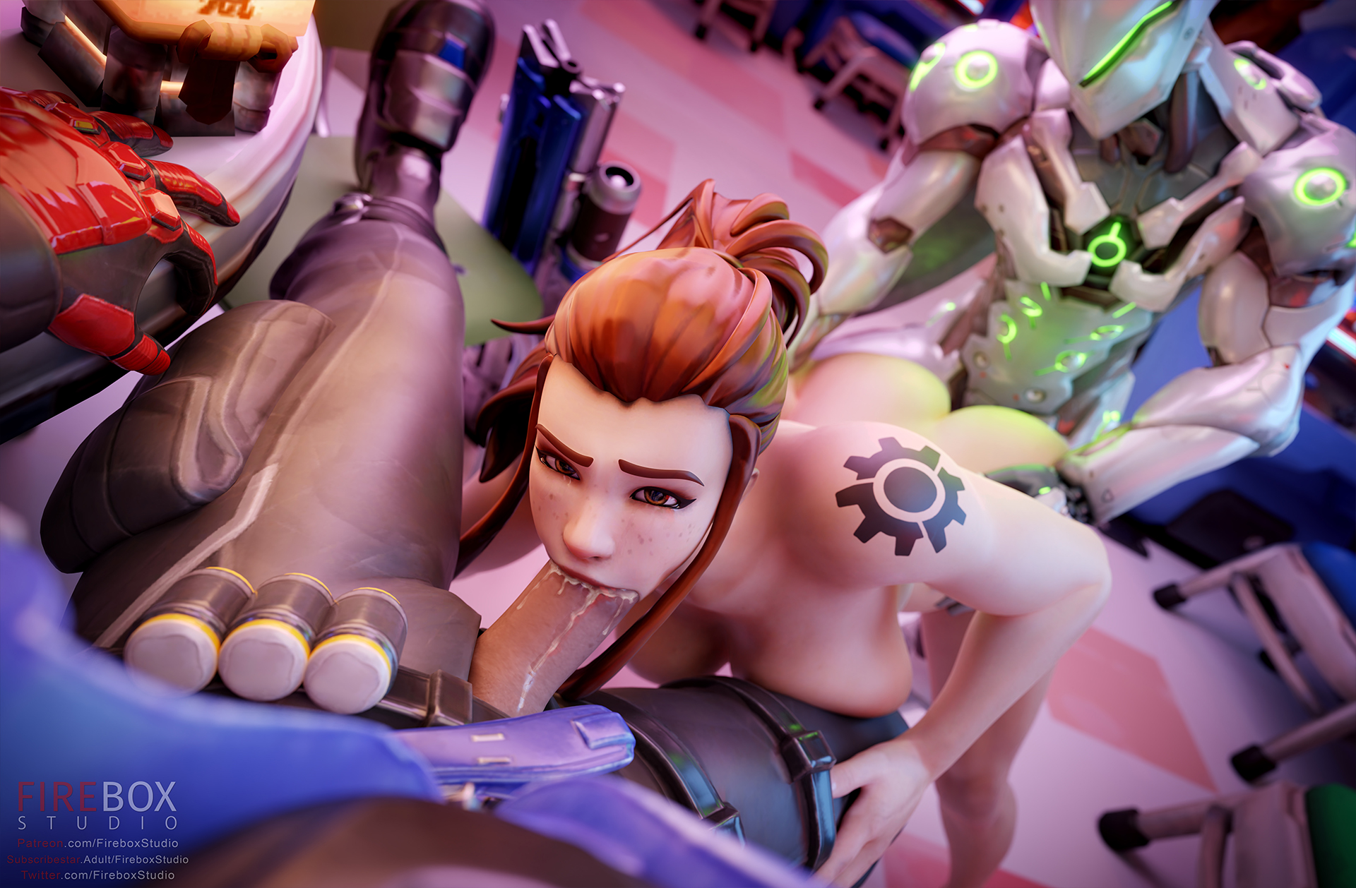 1girls, 2boys, 3d, big breasts, big penis, breasts, brigitte, brigitte lindholm, completely nude, erection, faceless male, fellatio, female, fireboxstudio, genji, large breasts, male, nude, oral, overwatch, penis, soldier 76, straight