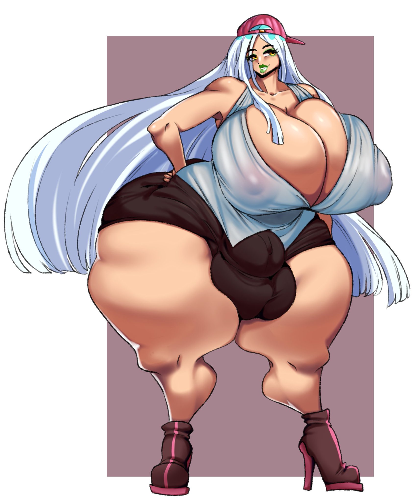 1futa, ass, big breasts, breasts, bulge, busty, cleavage, futa only, futanari, high heels, huge breasts, hyper, hyper ass, hyper breasts, intersex, large breasts, long hair, neko (rastacakez), nipple bulge, penis, penis bulge, rastacakez, shorts, solo, solo futa, thick thighs, thighs, white hair, wide hips
