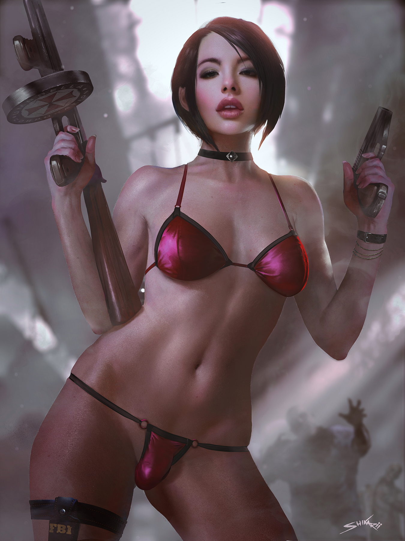 1futa, ada wong, bikini, black hair, black-haired futa, breasts, bulge, dark hair, dark-haired futa, dickgirl, flaccid, futa only, futanari, intersex, looking at viewer, penis, realistic, resident evil, resident evil 2, shikari, small breasted futa, small breasts, small penis, solo, solo futa