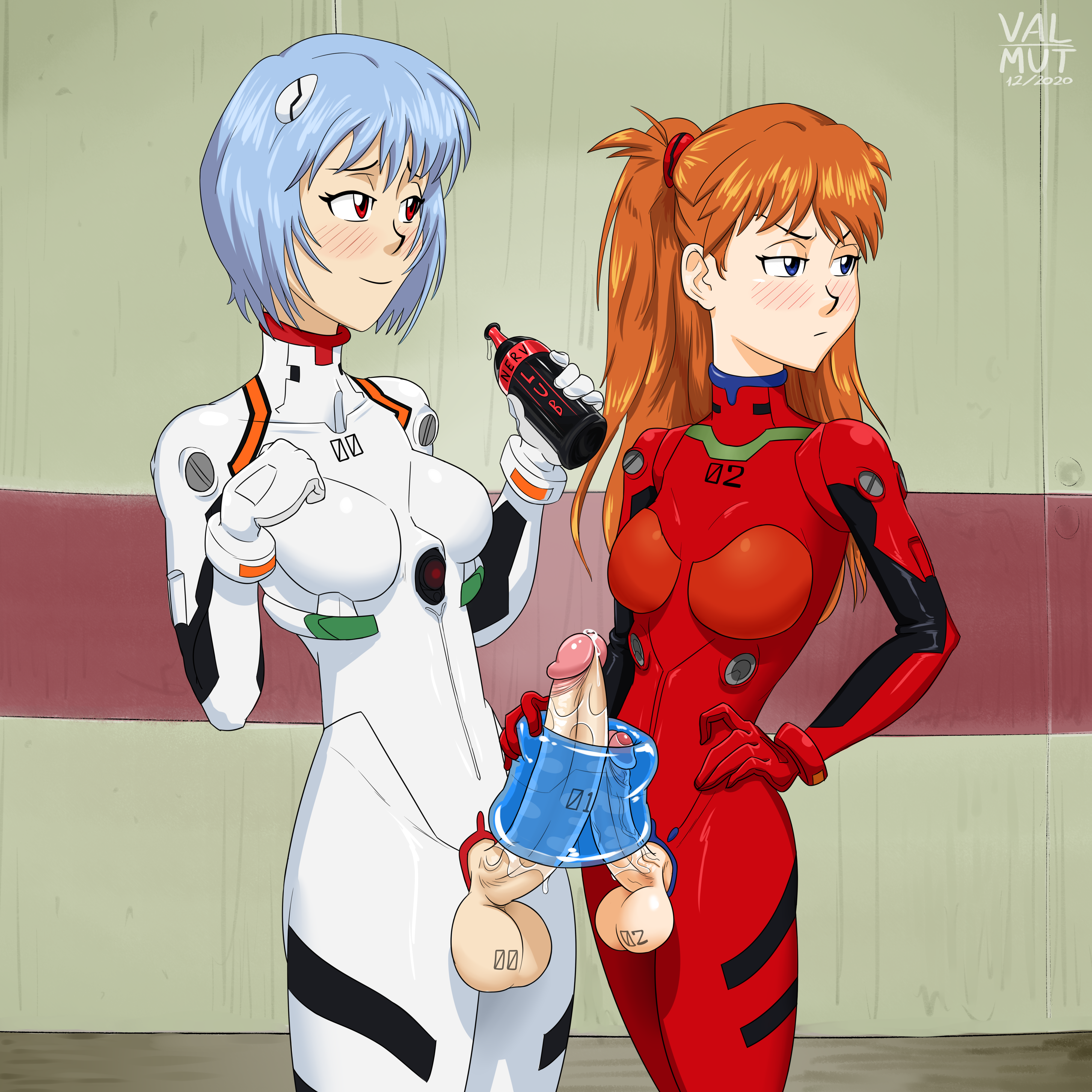 2futas, artificial vagina, asuka langley sohryu, balls, big penis, blush, bodysuit, breasts, clothed, clothing, cock size difference, comparing penis, crotchless, duo, frottage, futa on futa, futa only, futanari, human, intersex, looking away, lube, lube bottle, mostly clothed, neon genesis evangelion, number tattoo, onahole, pale skin, penis, penis envy, penis size difference, penis tattoo, plugsuit, precum, rei ayanami, sharing onahole, size comparison, size difference, tattoo, testicles, uncensored, valmut