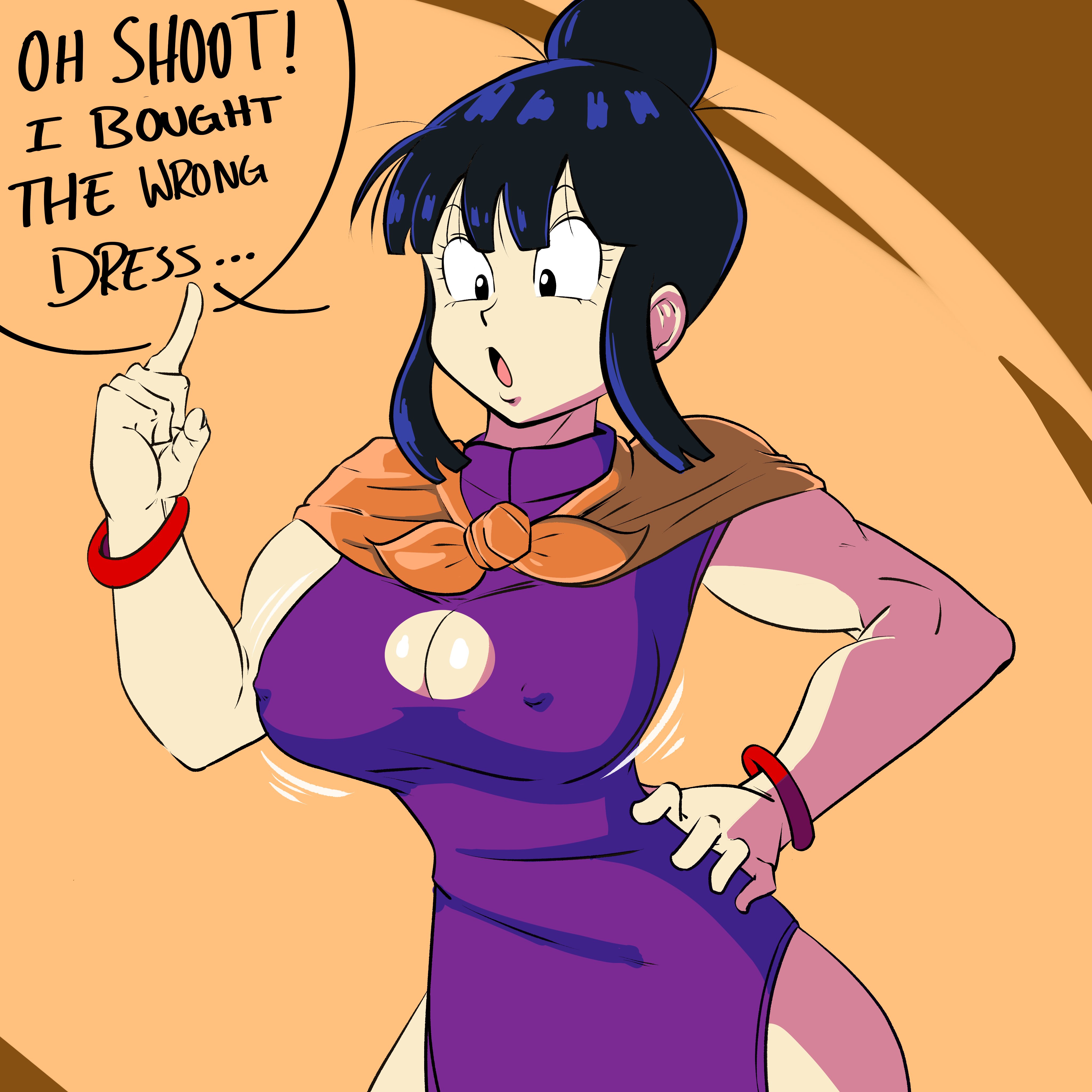 athletic, athletic female, black hair, boob window, breasts, busty, chichi, cleavage, dragon ball, dragon ball z, female, female focus, fully clothed, hourglass figure, nipples visible through clothing, open mouth, pinup, pinup pose, pose, posing, pseudocel, purple dress, red bracelet, sex, tagme, text, wide hips