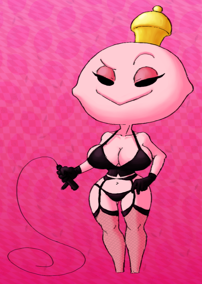 anthro big_breasts black_clothing breasts clothed clothing crown dominatrix eyeshadow fishnet_stockings fishnets geometria_(series) geometrian_(species) gloves humanoid lingerie object_head original_character pink_body pink_skin queen_hypa_(geometria) shirtbusters whip wide_hips