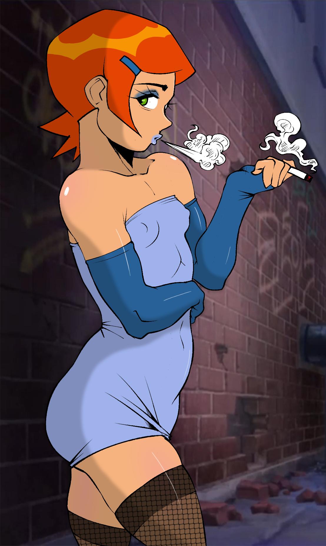1girls, ben 10, breasts, busty, cartoon network, cigarette, female, female only, grailplus, gwen tennyson, hourglass figure, pinup, pinup pose, pose, posing, prostitution, risenhentaidemon, smoking, solo, tagme, wide hips