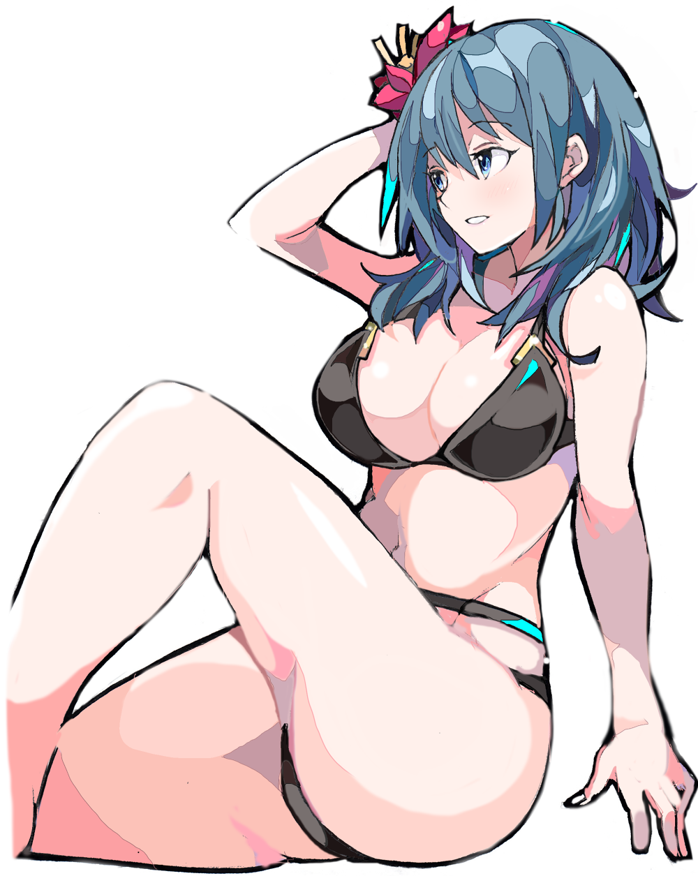 1girls alternate_costume bare_legs bikini black_bikini black_swimsuit blue_eyes breasts byleth_(female)_(summer)_(fire_emblem) byleth_(fire_emblem) byleth_(fire_emblem)_(female) cleavage enpe female fire_emblem fire_emblem:_three_houses fire_emblem_heroes flower hair_flower hair_ornament highres large_breasts medium_hair nintendo official_alternate_costume red_flower smile solo swimsuit teal_hair white_background