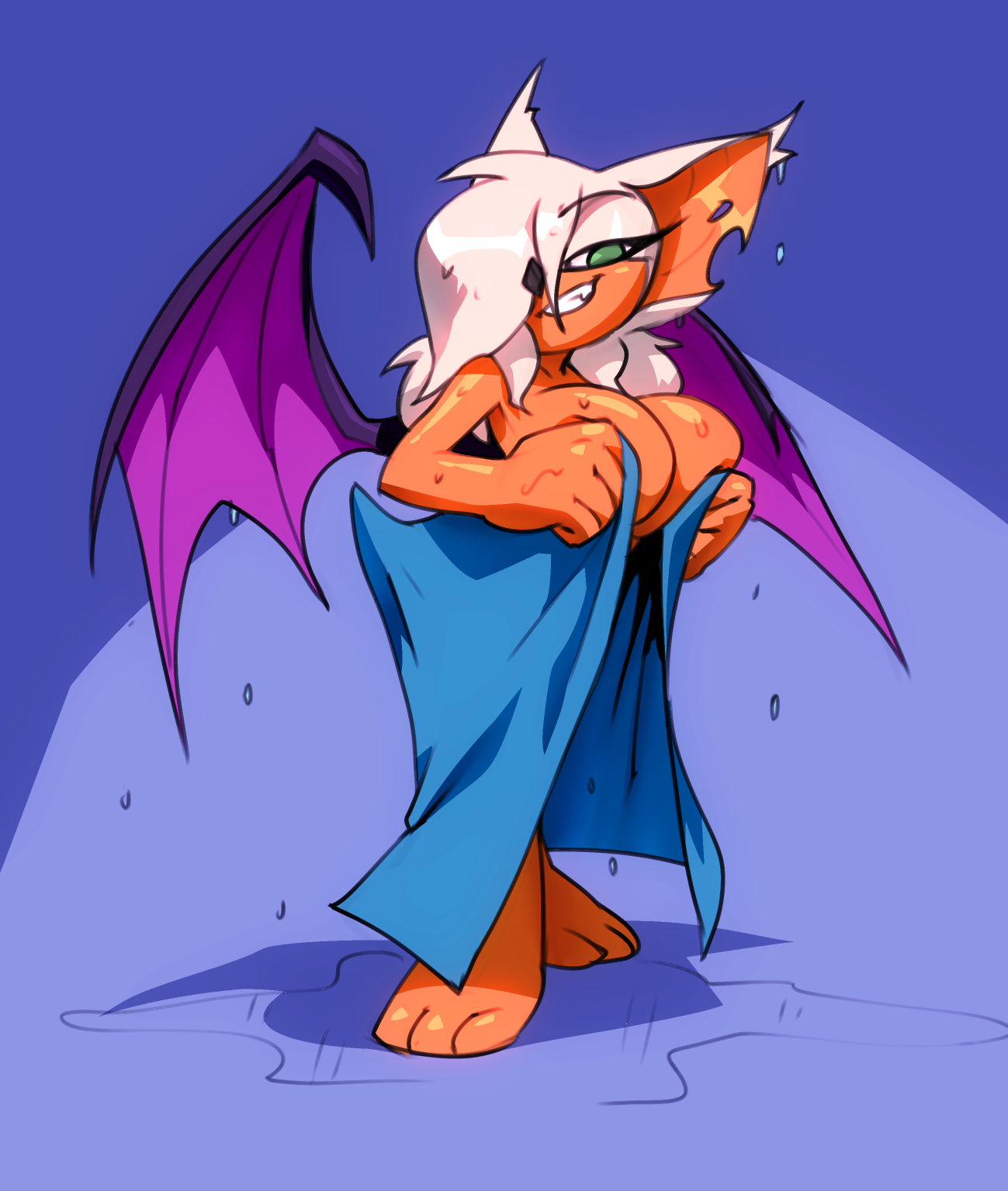 1girls, after shower, anthro, anthro only, bat, bat wings, big breasts, bigdad, breasts, darnact, female, female only, fur, furry, furry only, green eyes, hair over one eye, large breasts, naughty, naughty face, nude, one eye covered, rouge the bat, sega, shortstack, smile, solo, sonic (series), sonic the hedgehog (series), standing, tail, tan skin, teasing, towel, towel only, wet, white fur, white hair, wings