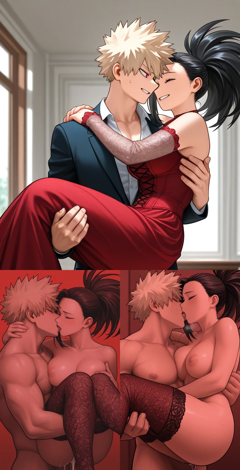 1boy, 1boy1girl, 1girls, after sex, ai generated, bakugou katsuki, before and after, before sex, black hair, black-haired female, blonde hair, blonde-haired male, boku no hero academia, carrying, carrying another, carrying partner, carrying position, closed eyes, completely nude, couple, couple (romantic), cum, dress, dripping cum, female, french kiss, katsuki bakugou, kissing, long dress, male, momo yaoyorozu, multiple images, my hero academia, nipples, pixai, ponytail, princess carry, sex, spiky hair, standing, standing sex, stockings, suit, sweat, sweatdrop, yaoyorozu momo