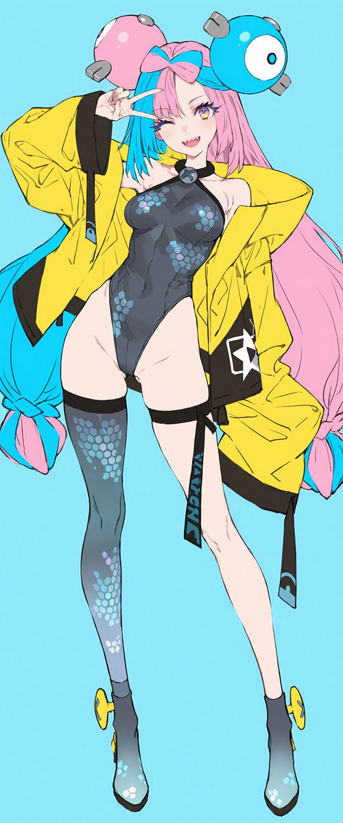 ai generated, big breasts, blue background, blue hair, breasts, female, iono (pokemon), long hair, pink eyes, pink hair, pokemon, pokemon sv, purple eyes, smile, thighs, v, wink, yellow eyes