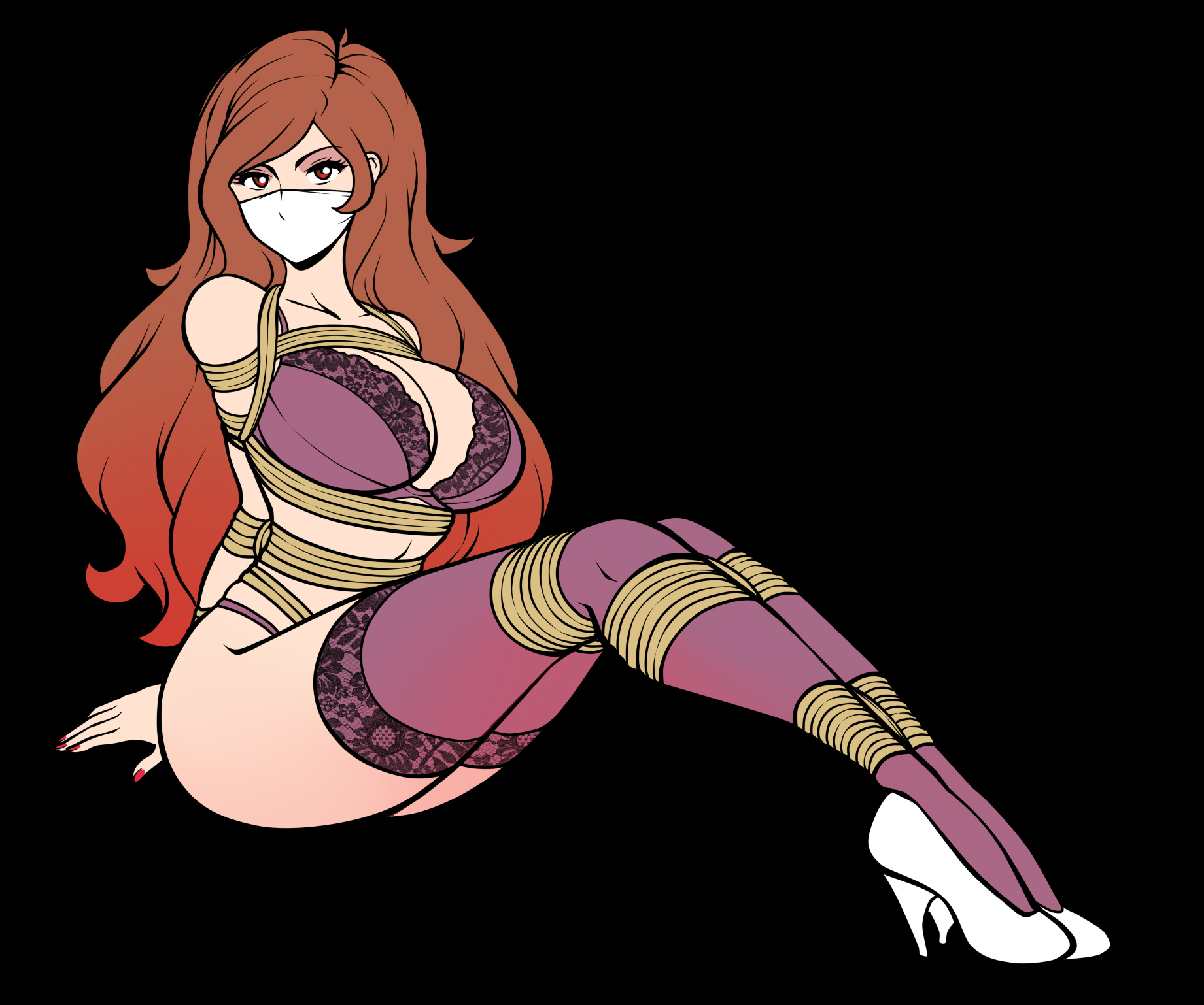 1girls, big boobs, bondage, boobs, bound and gagged, bra, breast bondage, breasts, cleavage, cloth gag, damsel in distress, female, female only, female solo, g-string, gagged, high heels, huge breasts, jam-orbital, lingerie, long hair, lupin iii, mine fujiko, otn gag, panties, purple g-string, purple lingerie, purple stockings, rope, rope bondage, solo, solo female, solo only, stockings, thighhighs, tied up, underwear, very long hair