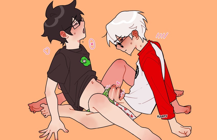 barefoot, belly button, black hair, black shirt, blush, blushing, breath, closed eyes, clothed sex, dave strider, emanata, exposed belly, exposed belly button, exposed navel, feet, floatyart, foreskin, frottage, frotting, gay, heart, heart emanata, heart symbol, heart underwear, homestuck, john egbert, light skin, light-skinned male, long sleeve shirt, long sleeves, male, male only, male/male, mostly clothed, multicolored clothing, navel, open mouth, partially clothed male, partially nude, penis through fly, precum, precum bubble, red eyes, shirt lift, short sleeved shirt, short sleeves, sunglasses, sweat, sweatdrop, t-shirt, uncut, uncut penis, underwear, white hair, yaoi