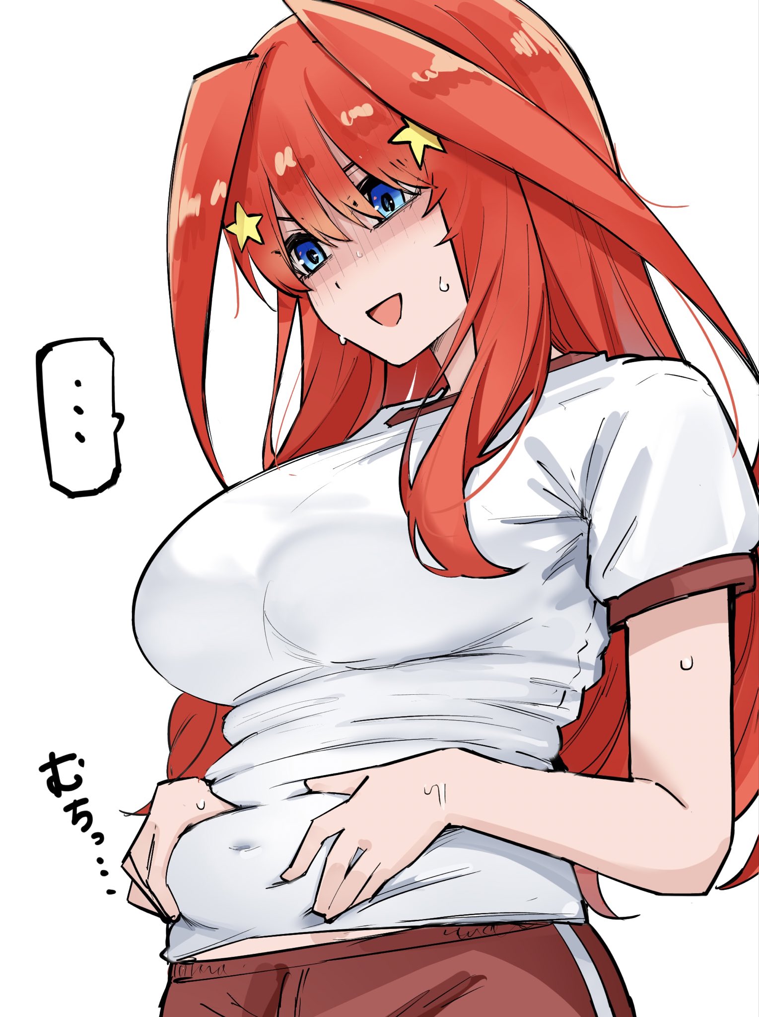 ..., belly grab, blue eyes, breasts, commentary request, covered navel, female, go-toubun no hanayome, gym shirt, hair ornament, highres, large breasts, long hair, mame1645, nakano itsuki, open mouth, red hair, shirt, simple background, solo, spoken ellipsis, star (symbol), star hair ornament, sweat, upper body, weight conscious, white background, white shirt