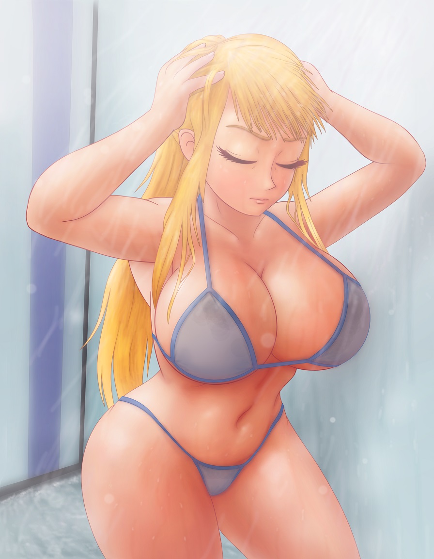 1girls belly belly_button bikini blonde_hair blue_bikini breasts bubbles censored closed_eyes female female_focus female_only huge_breasts huge_butt long_hair metroid naked navel nintendo saf-404 saf_404 safartwoks safartworks samus_aran shower showering standing steam straight swimsuit video_game_character wet wet_bikini wet_clothes wet_swimsuit