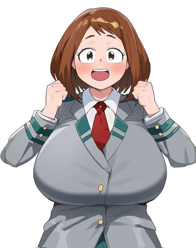 breasts, citizen k, clothed, colored, female, female focus, female only, huge breasts, large breasts, light blush, my hero academia, ochako uraraka, safe, school uniform, teenager, too busty to hide, white background